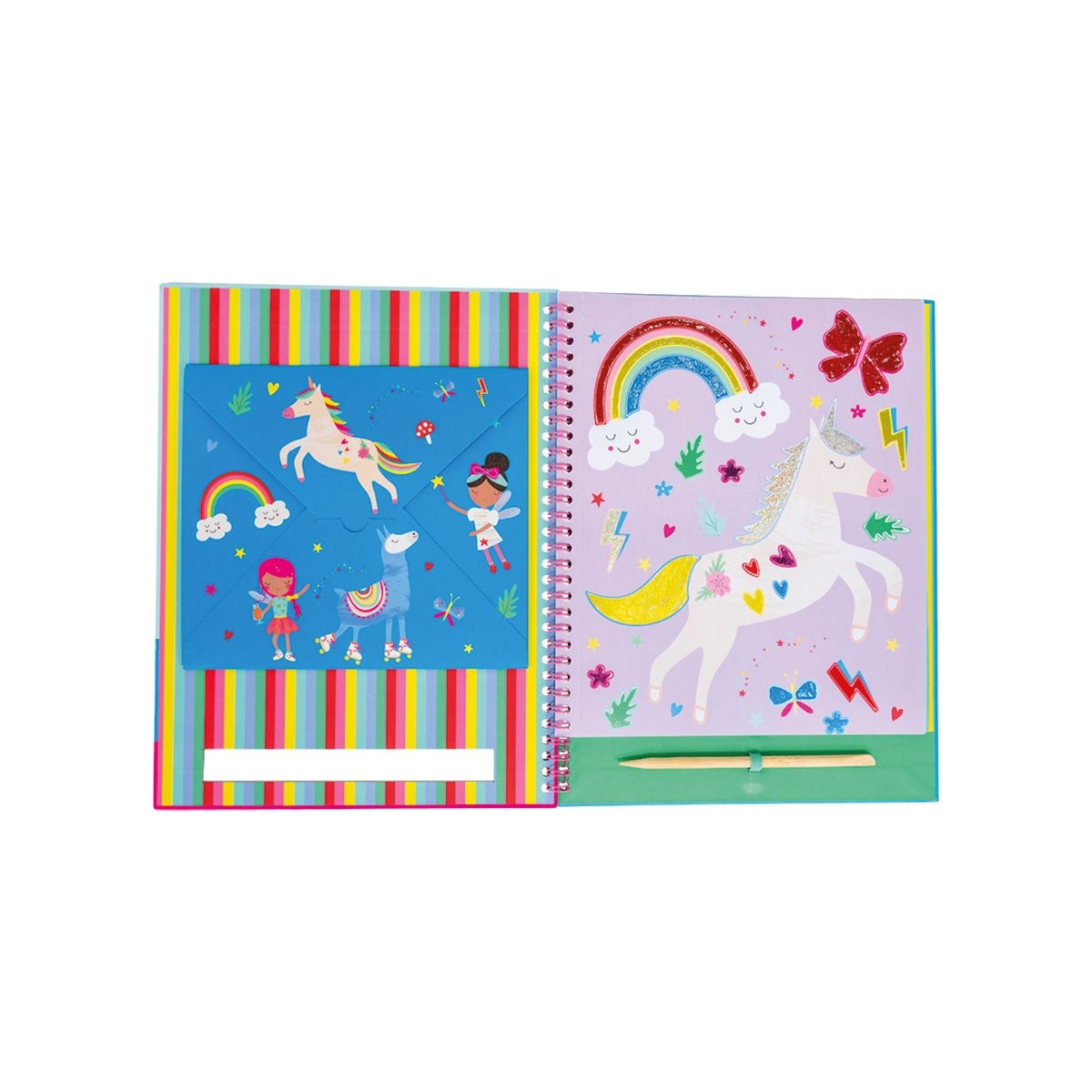 A spiral bound book titled &#39;FOIL &amp; PLAY&#39; with illustrations of fairies and rainbow. It includes a wooden stylus and color foiling sheets.