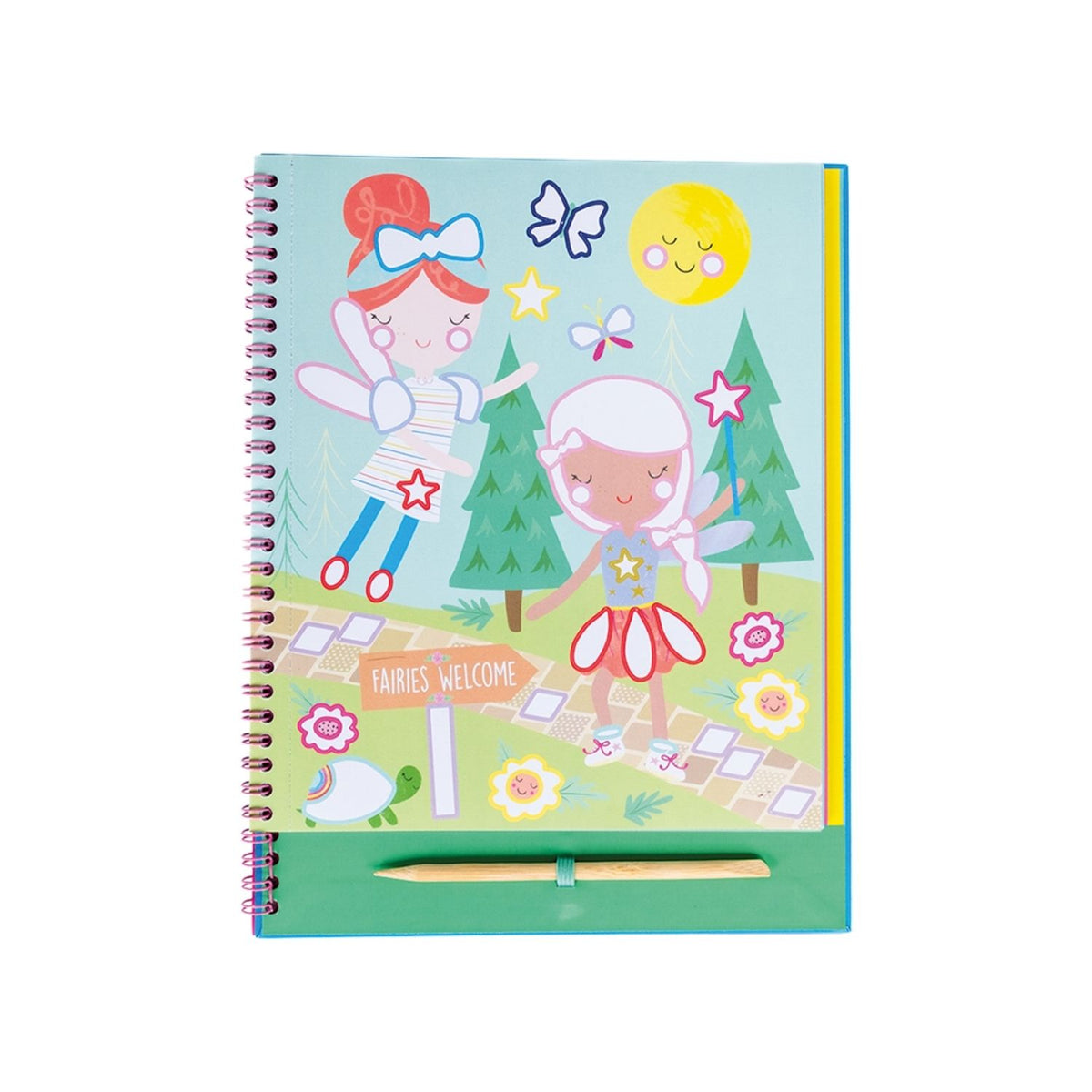 A spiral bound book titled &#39;FOIL &amp; PLAY&#39; with illustrations of fairies and rainbow. It includes a wooden stylus and color foiling sheets.