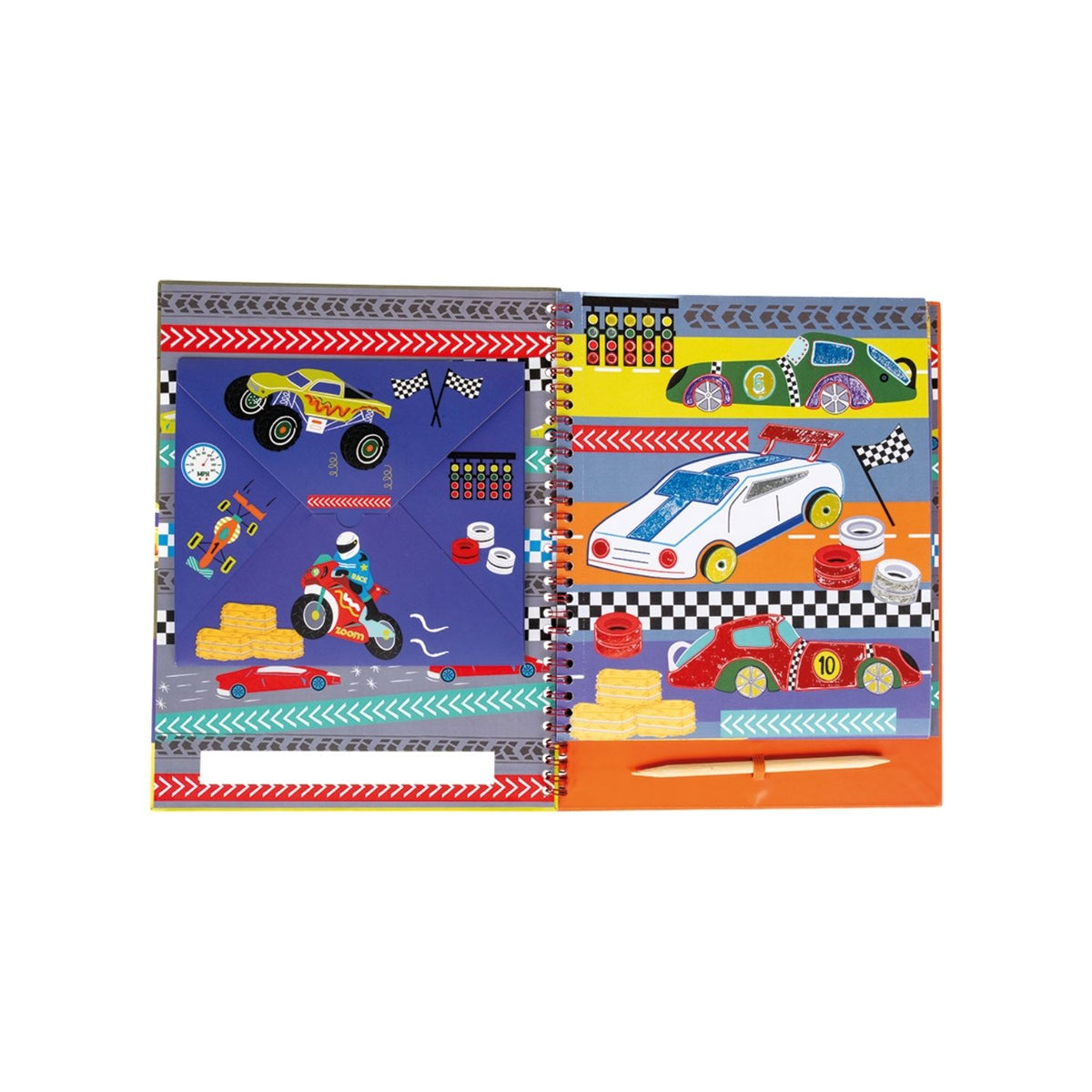 A spiral bound book titled &#39;FOIL &amp; PLAY&#39; with colorful illustrated pages and various car designs.