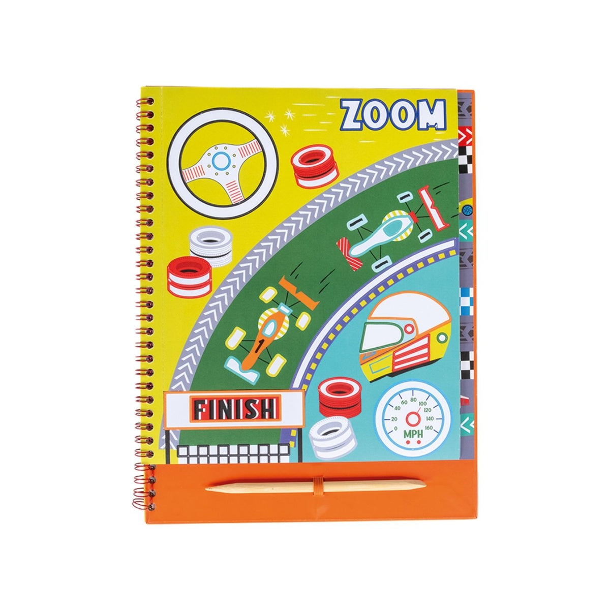 A spiral bound book titled &#39;FOIL &amp; PLAY&#39; with colorful illustrated pages and various car designs.
