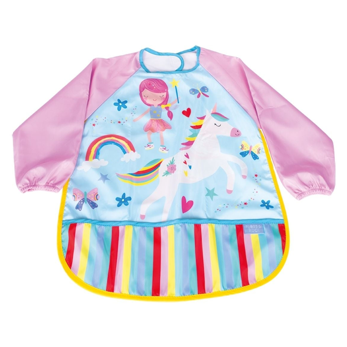 Children's apron with pink sleeves and colorful unicorn design on a white background