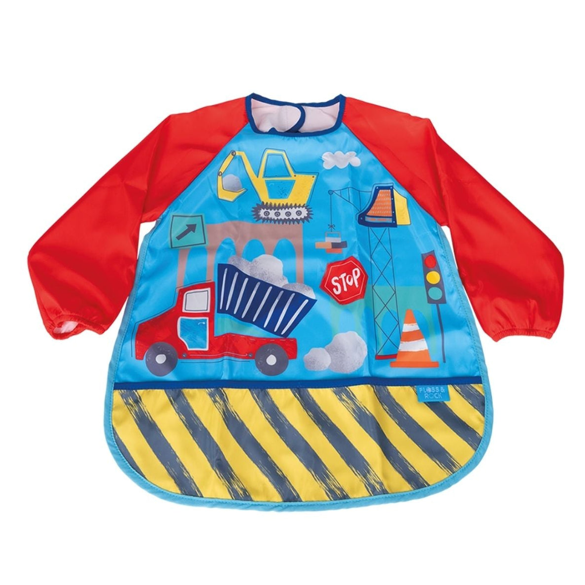 Children's apron with construction vehicle design on a white background