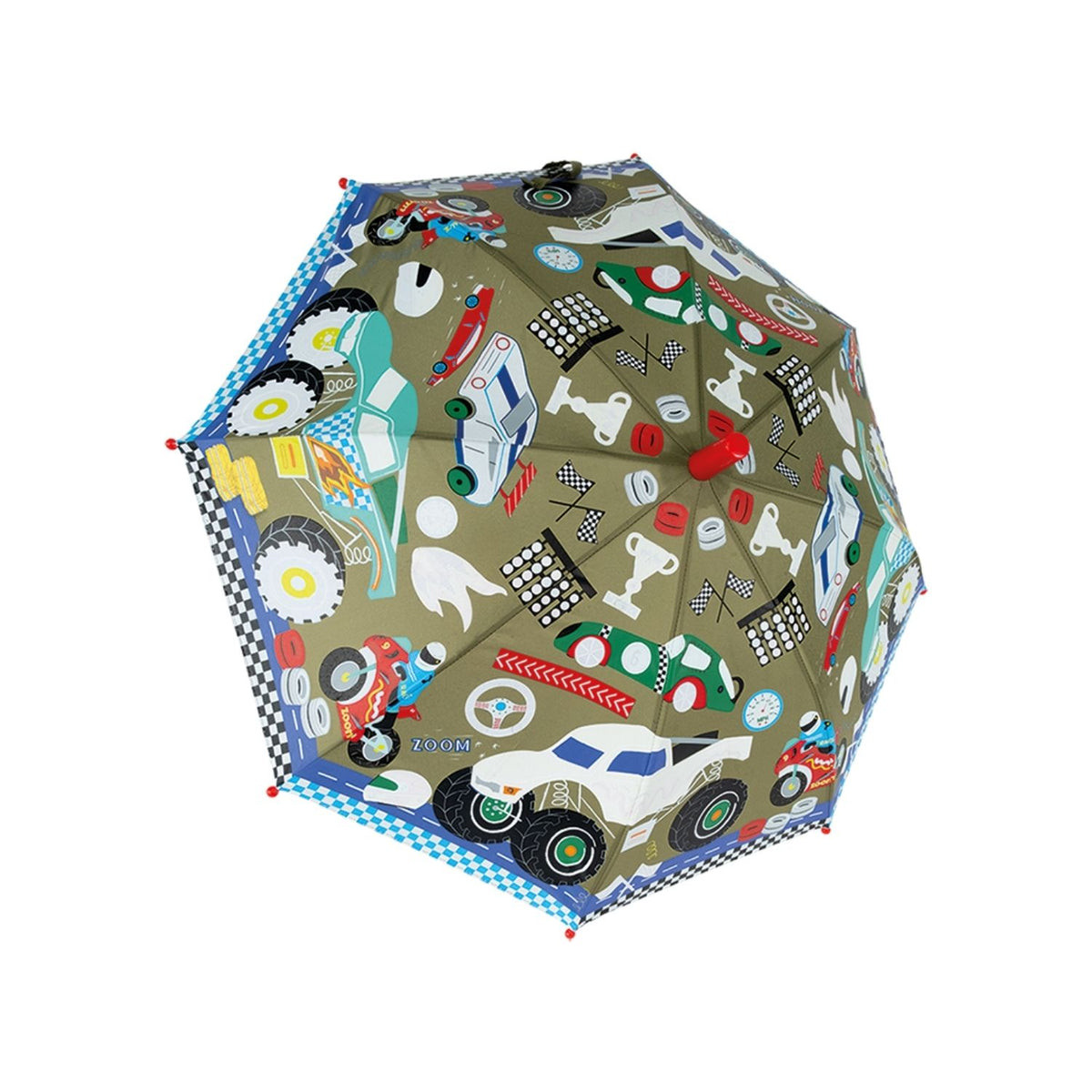 A color changing umbrella with a pattern of cars, motorbikes, and monster trucks in vibrant colors.