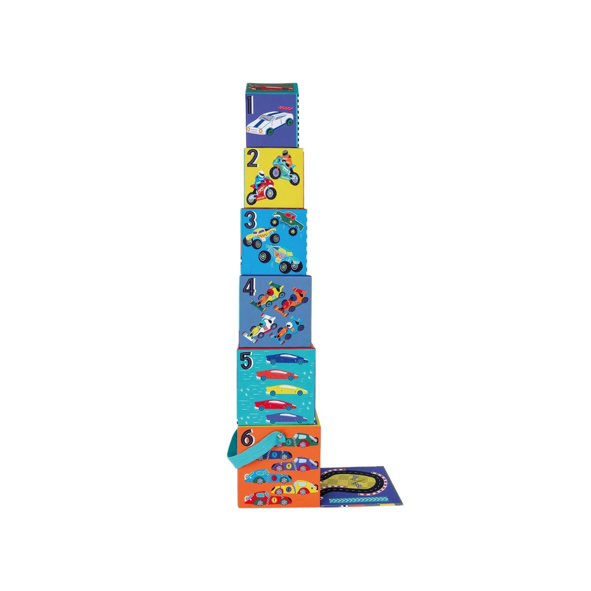 A colorful box packaging with a handle, labeled &#39;Stack &amp; Play&#39;, featuring images of toy cars, monster trucks, and motorbikes. It contains wooden stacking cubes and play pieces.