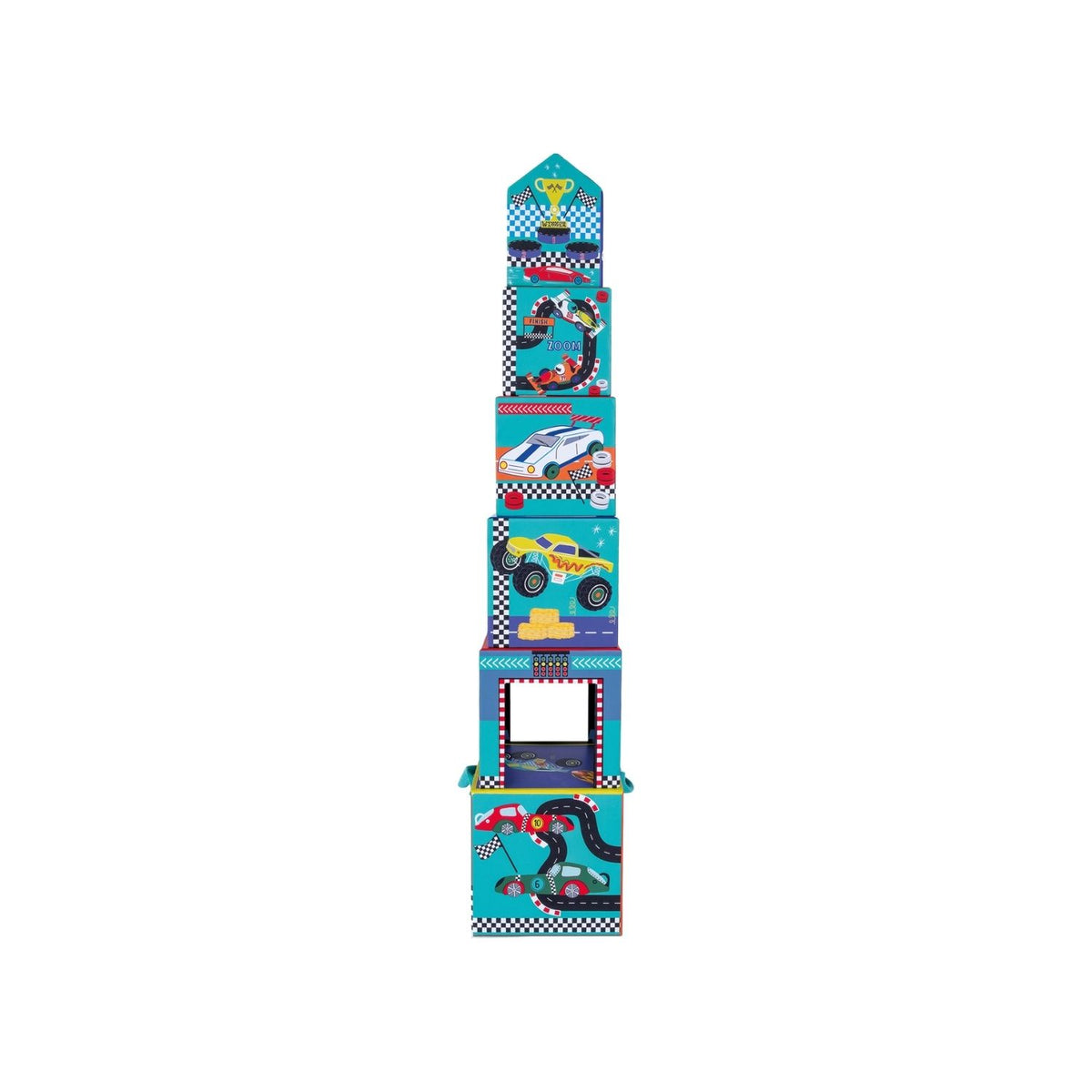 A colorful box packaging with a handle, labeled &#39;Stack &amp; Play&#39;, featuring images of toy cars, monster trucks, and motorbikes. It contains wooden stacking cubes and play pieces.