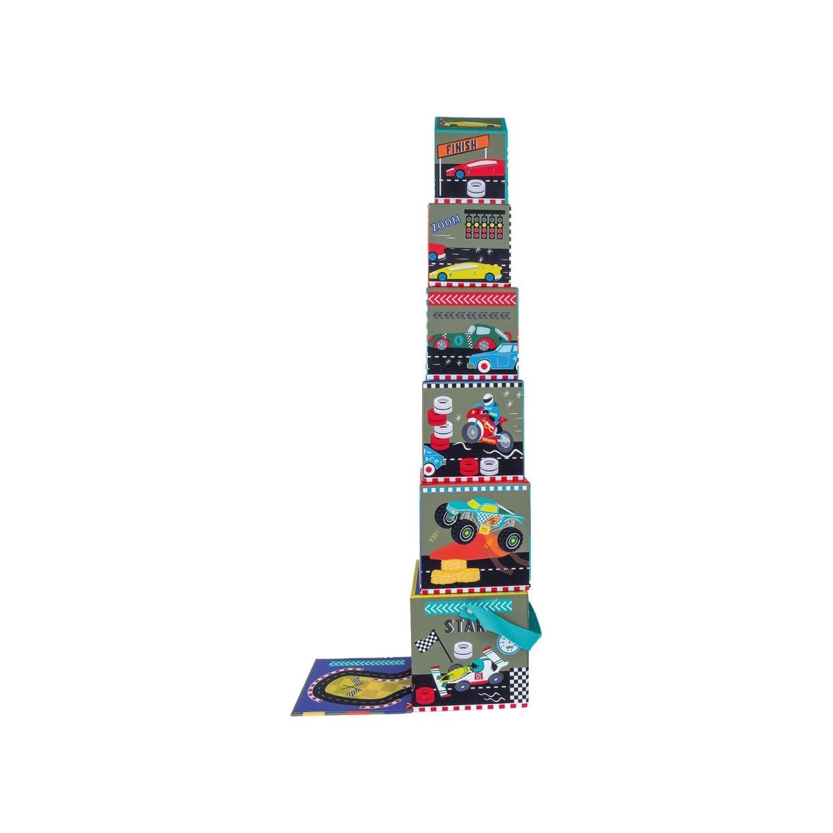 A colorful box packaging with a handle, labeled &#39;Stack &amp; Play&#39;, featuring images of toy cars, monster trucks, and motorbikes. It contains wooden stacking cubes and play pieces.