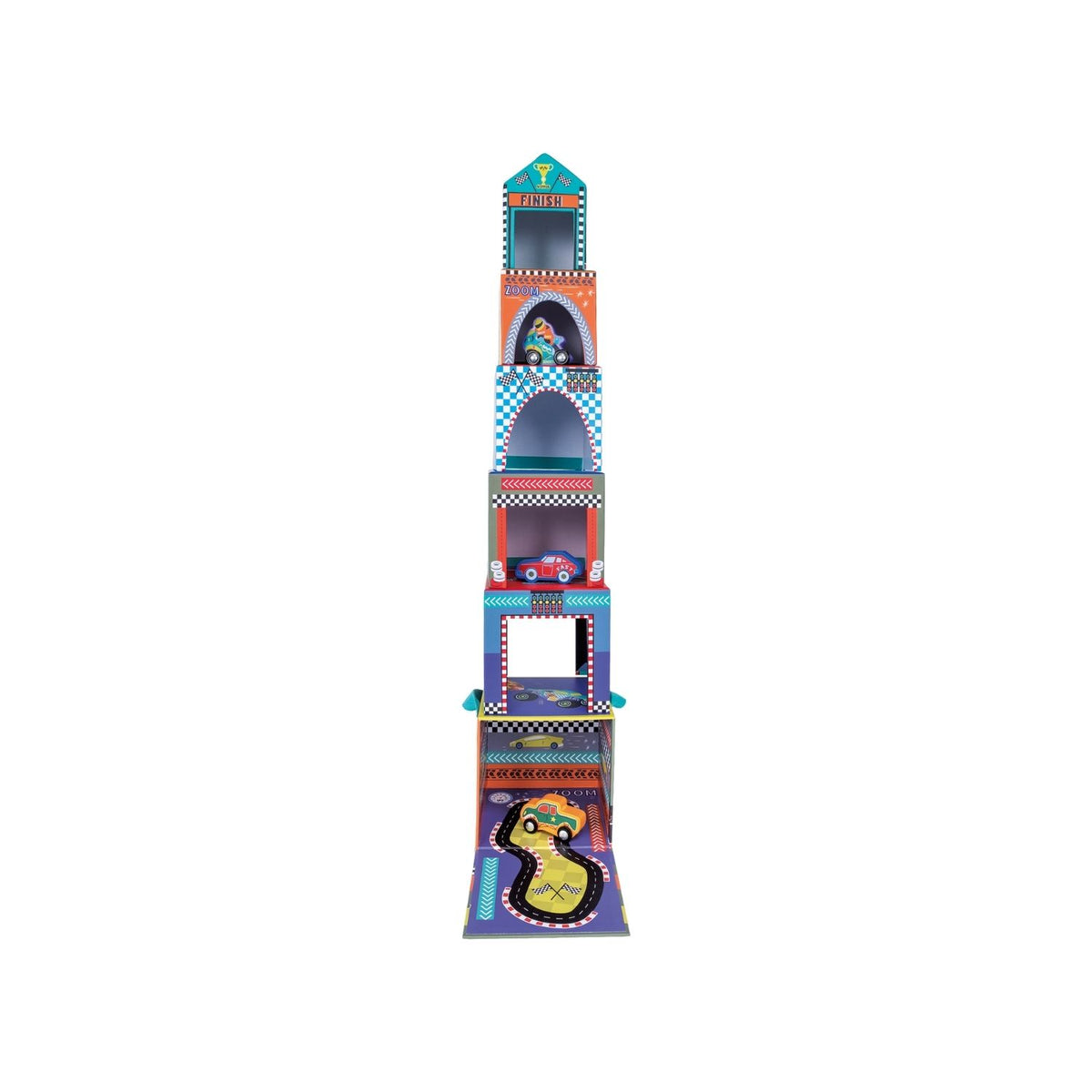 A colorful box packaging with a handle, labeled &#39;Stack &amp; Play&#39;, featuring images of toy cars, monster trucks, and motorbikes. It contains wooden stacking cubes and play pieces.