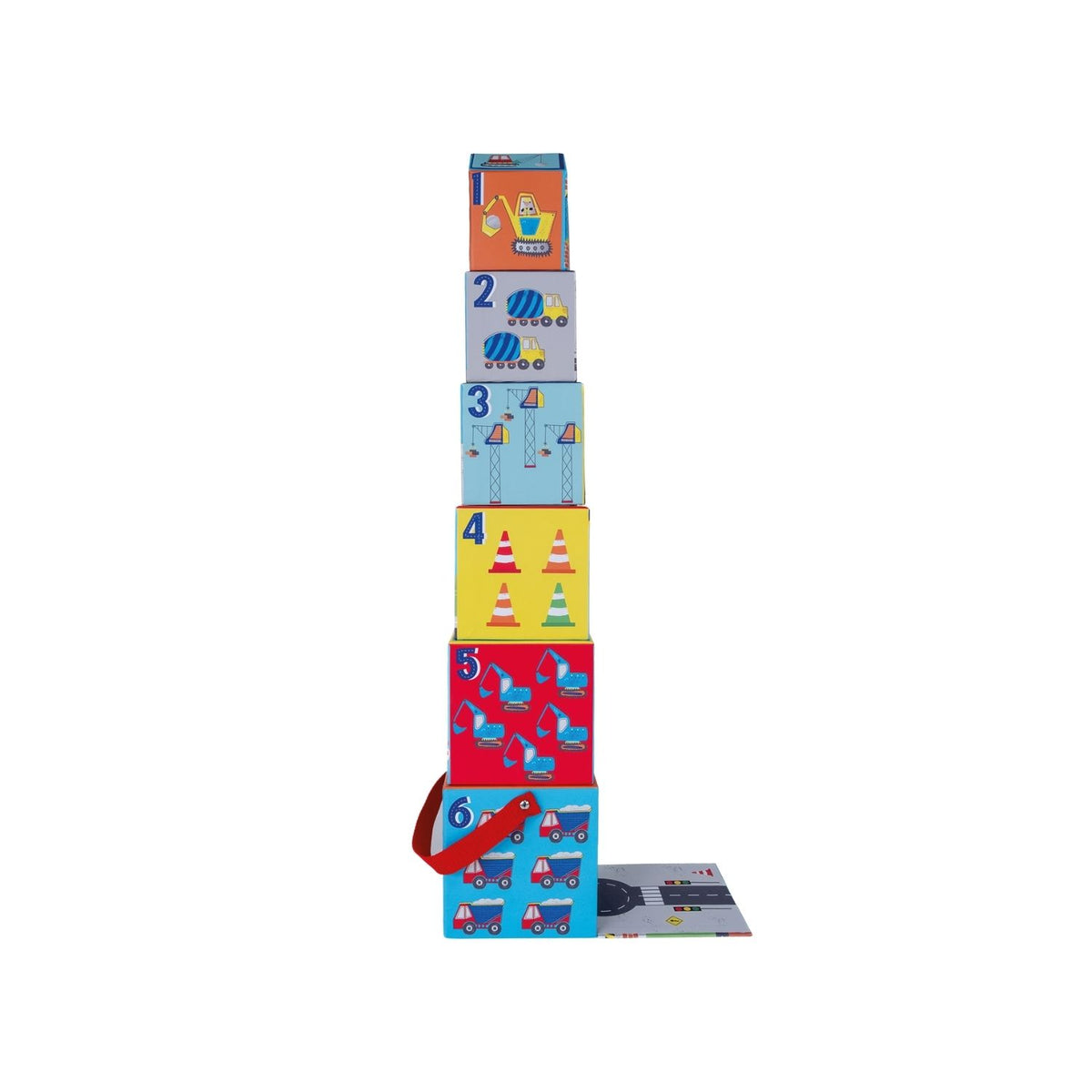 A colorful box with a carry handle, labeled &#39;Stack &amp; Play&#39;, featuring images of construction vehicles like diggers and trucks.