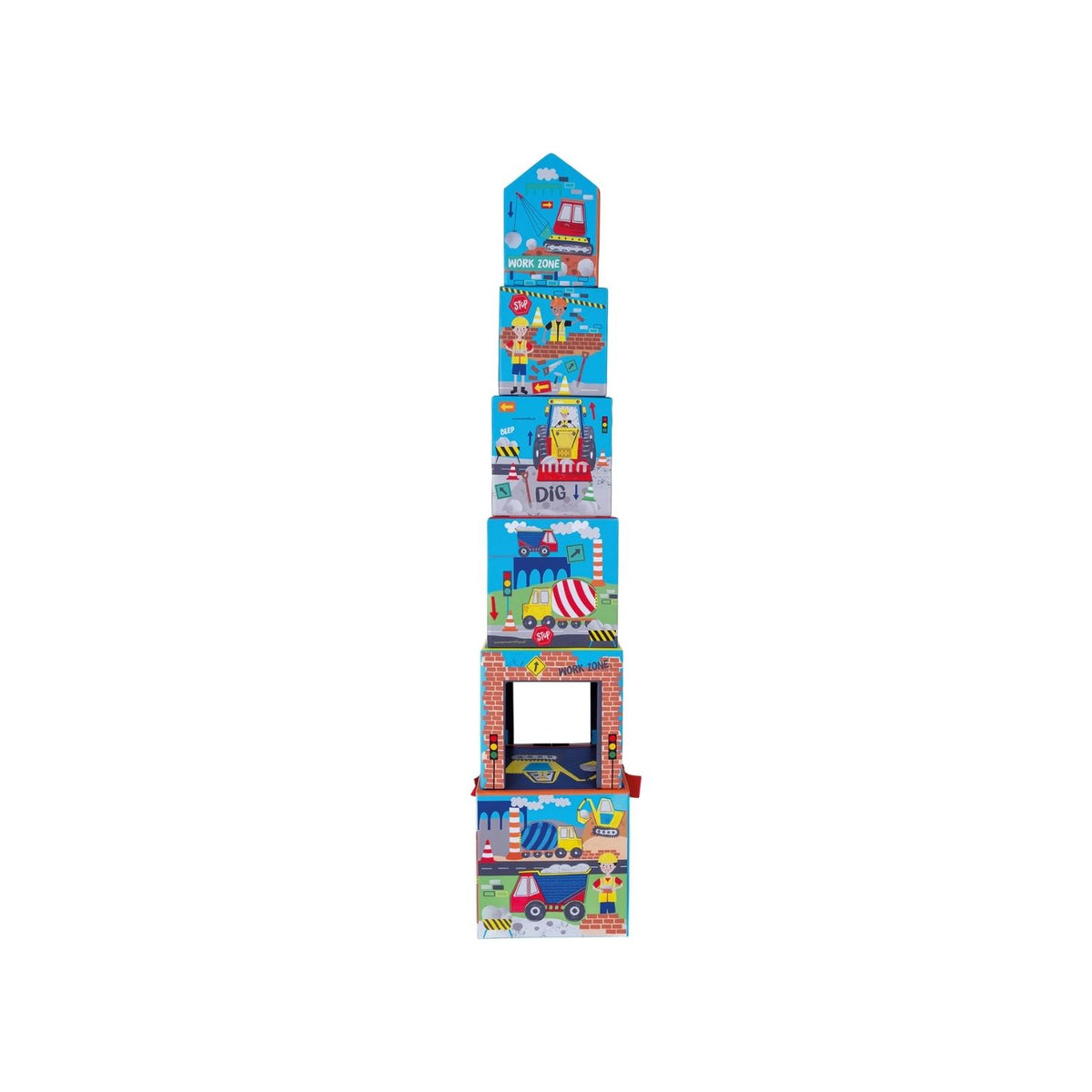 A colorful box with a carry handle, labeled &#39;Stack &amp; Play&#39;, featuring images of construction vehicles like diggers and trucks.