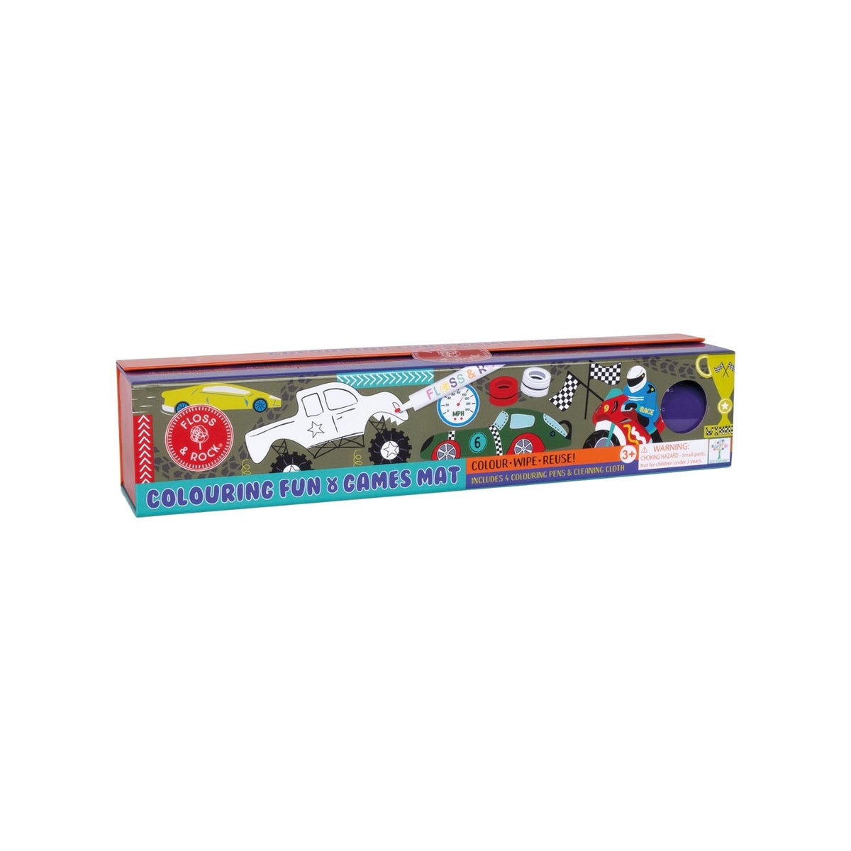 Packaging of a Colouring Fun and Games Mat with a car theme, including a silicone mat, pens, and a cleaning cloth.