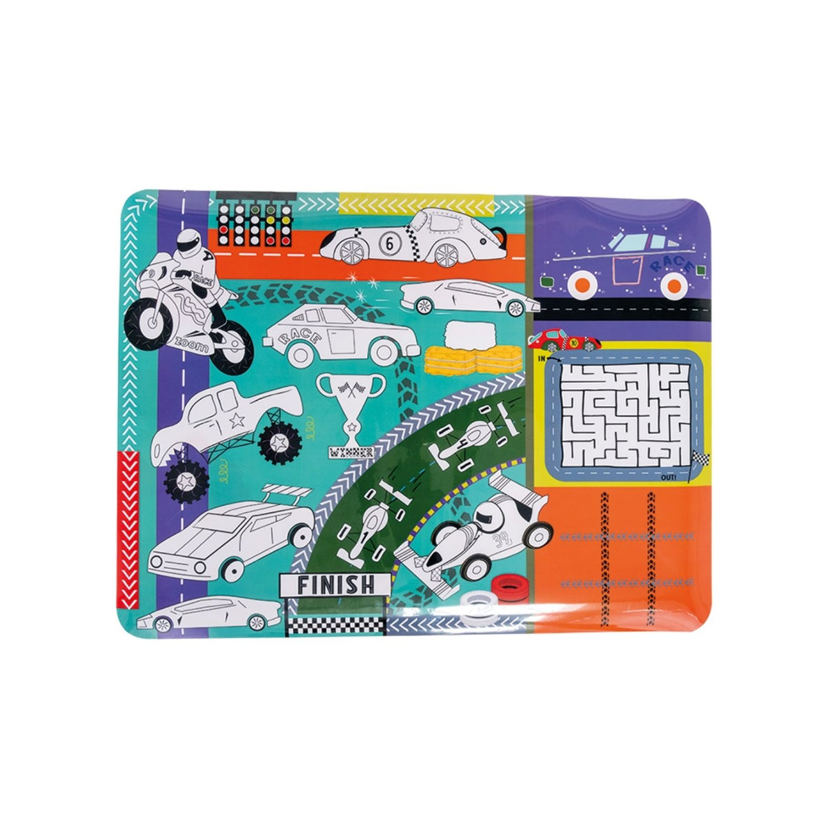 Packaging of a Colouring Fun and Games Mat with a car theme, including a silicone mat, pens, and a cleaning cloth.
