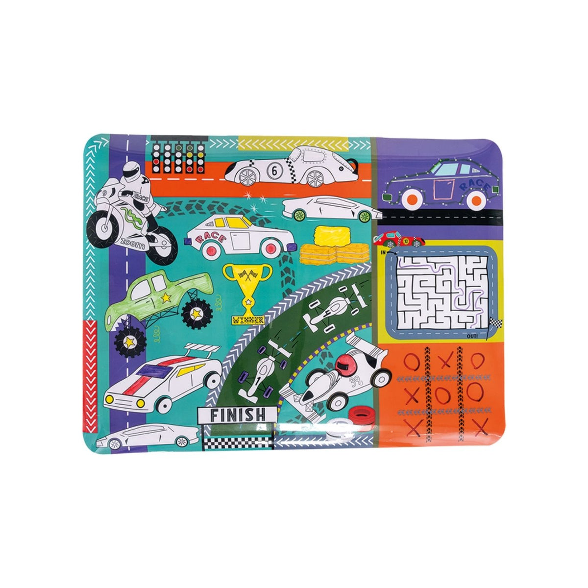 Packaging of a Colouring Fun and Games Mat with a car theme, including a silicone mat, pens, and a cleaning cloth.