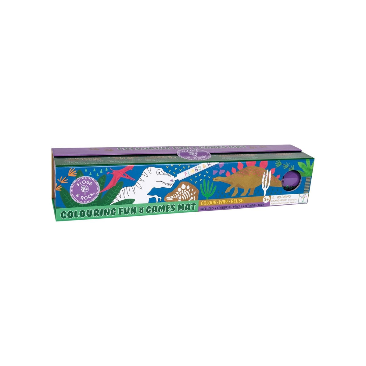 Packaging of a Colouring Fun and Games Mat with a dinosaur theme, including 4 color dry wipe pens and a cleaning cloth.
