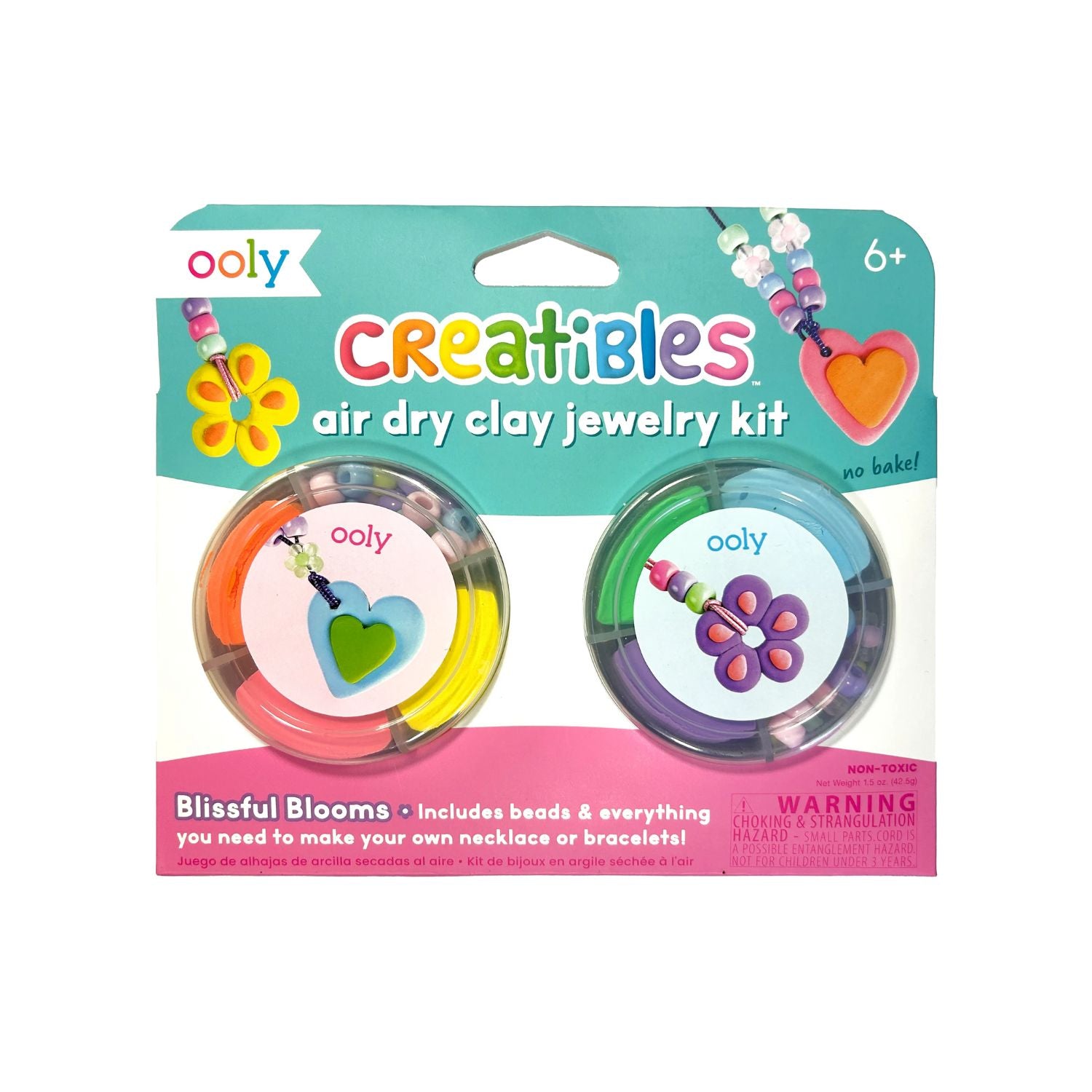 Packaging of Creatibles Air Dry Clay Jewelry Kit with six colors of clay, flower beads, pony beads, and elastic yarn displayed along with the brand ooly and the product name.
