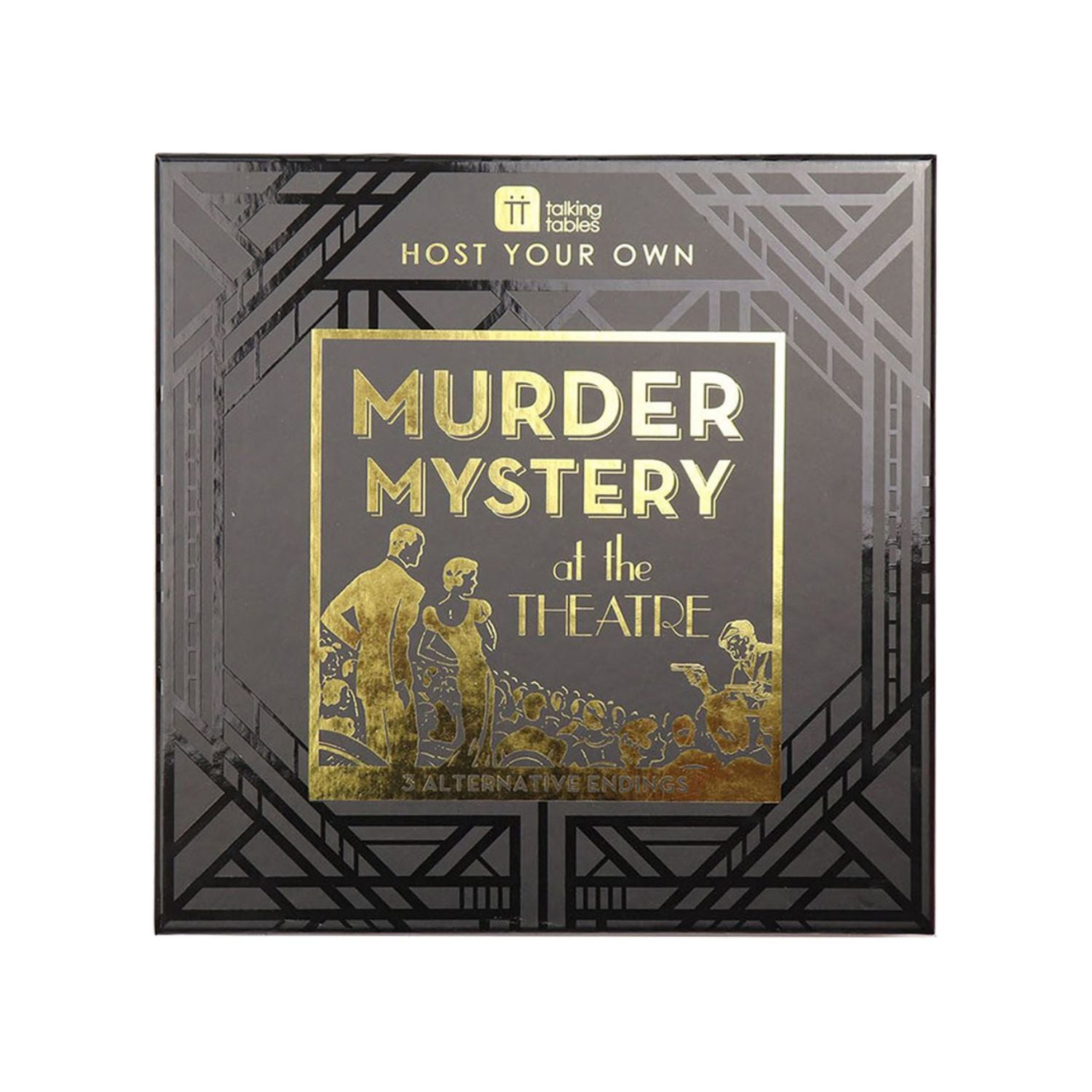 Box for 'Host Your Own Murder Mystery at the Theatre' with gold text on a black background