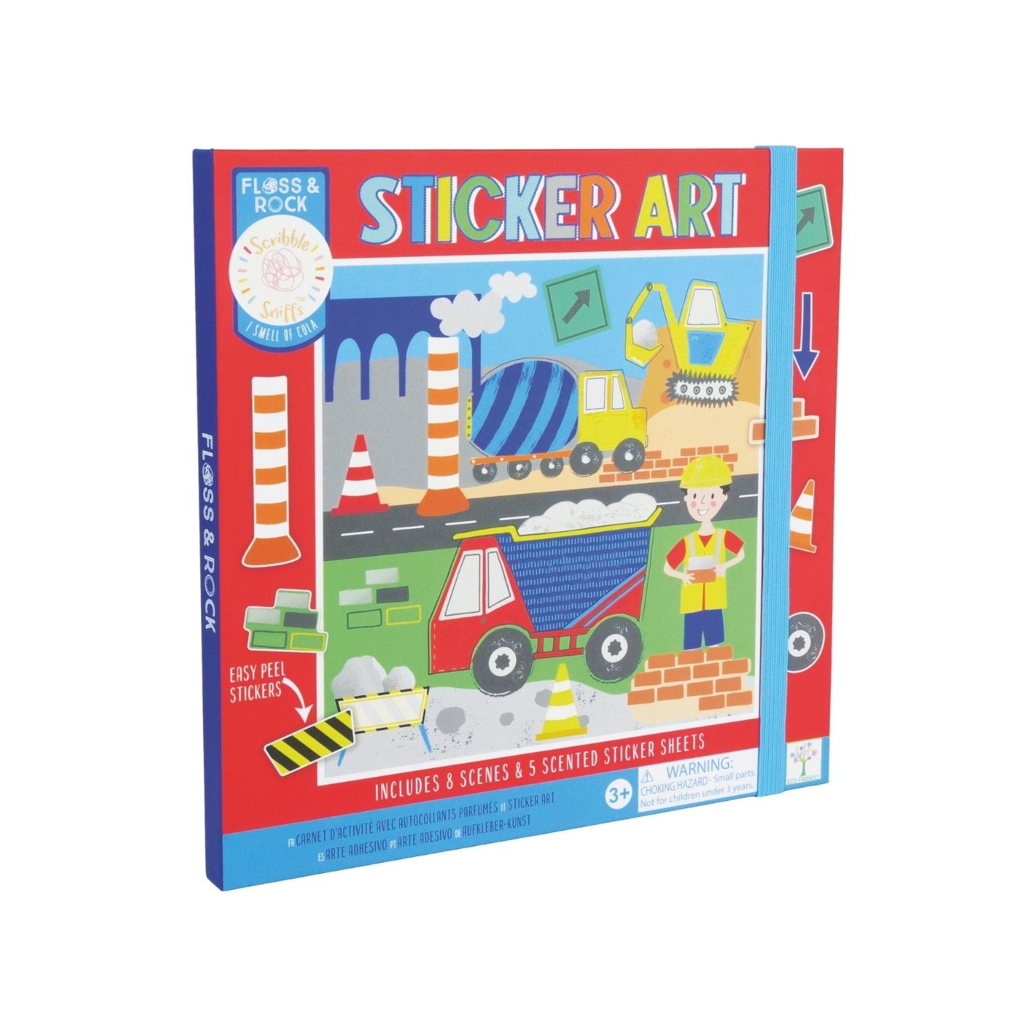 A sticker art book with a construction theme, featuring various colorful illustrations of construction vehicles and characters.