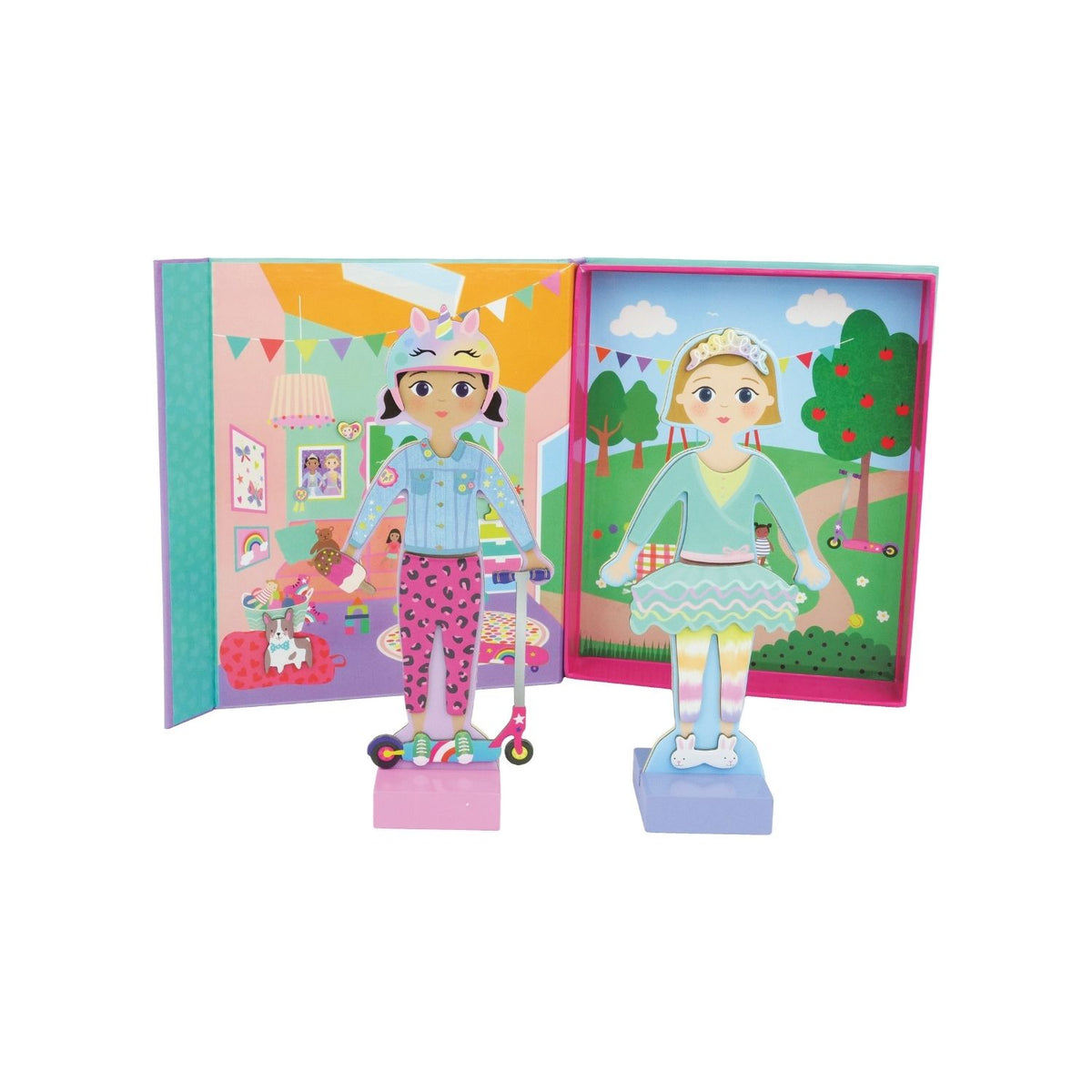 Box of Magnetic Dress up dolls, Best Friends from Floss &amp; Rock open with Dolls on stands in front