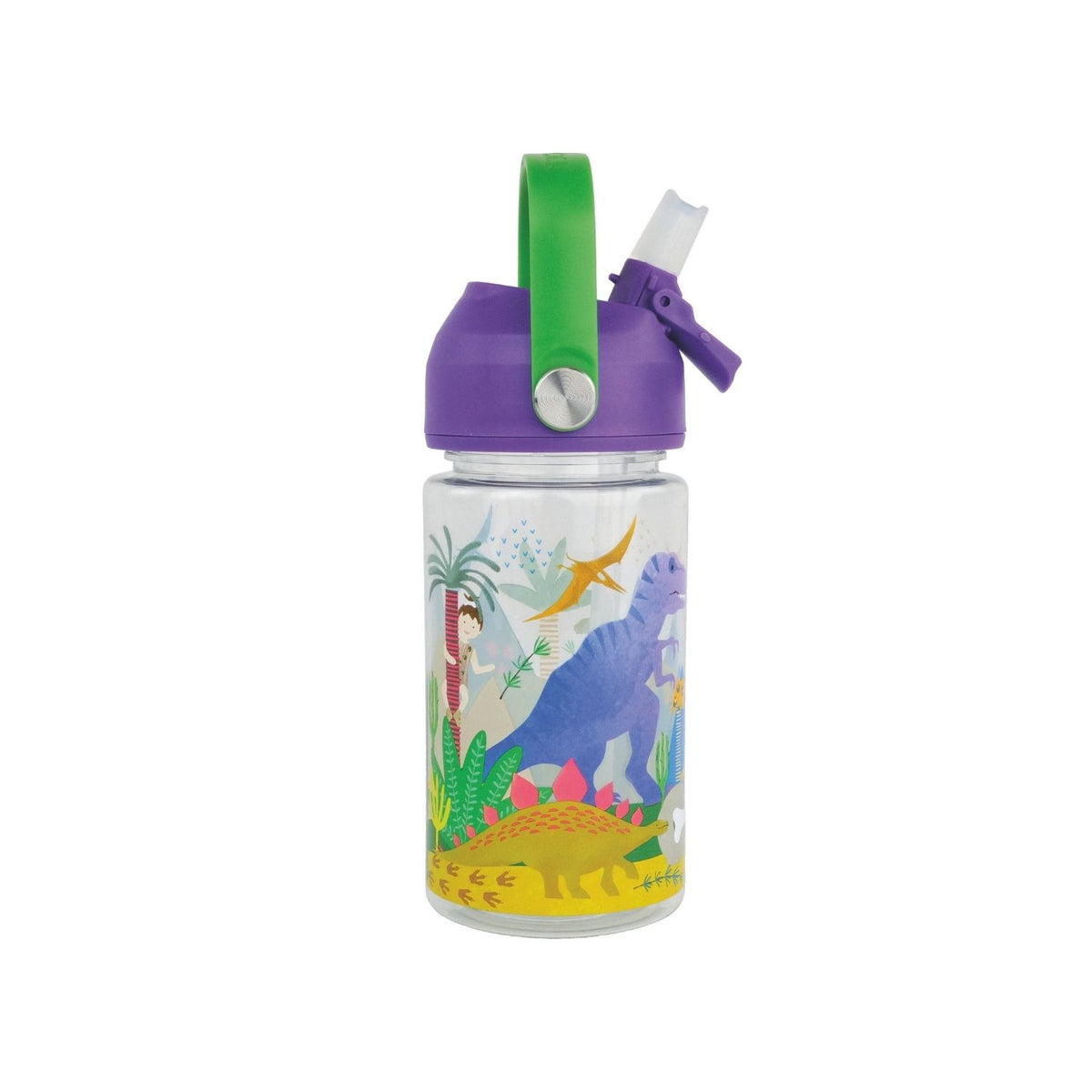 A 450ml Tritan drinks bottle with a dinosaur print design, featuring a purple carry handle and spout, and an extra straw.
