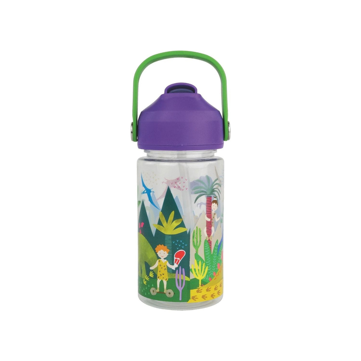 A 450ml Tritan drinks bottle with a dinosaur print design, featuring a purple carry handle and spout, and an extra straw.