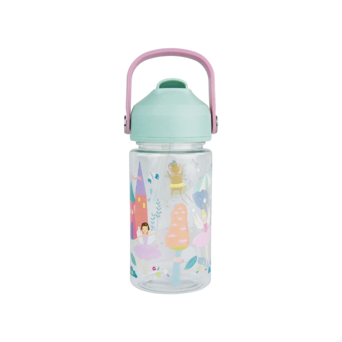 a girl holding A 450ml Tritan drinks bottle with a pastel green lid, pink carry handle, and illustrated with fairies in a floral setting.