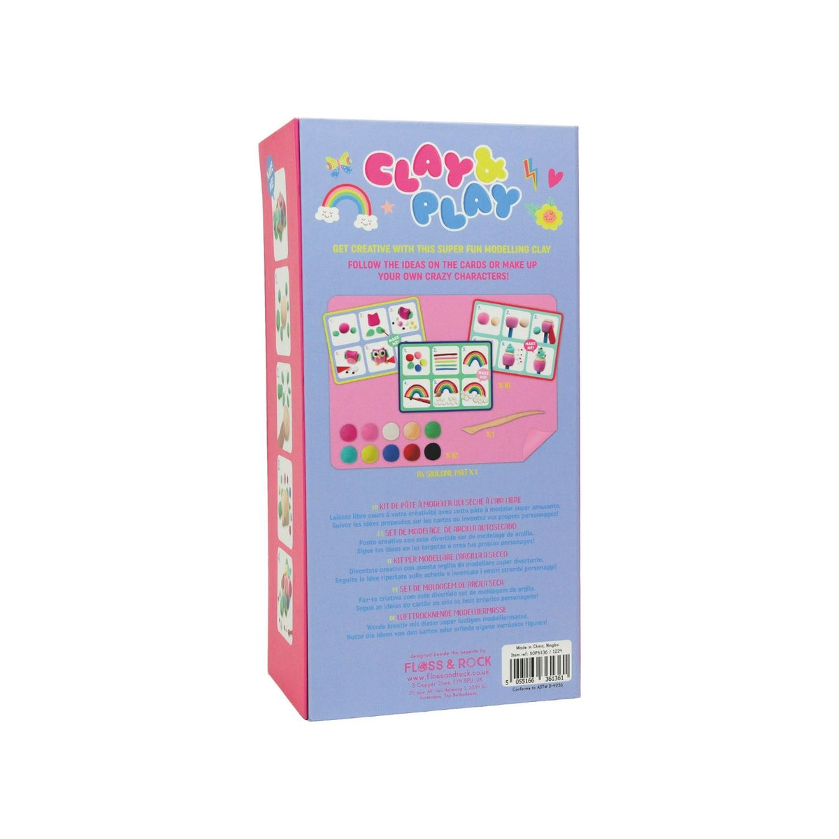 Packaging for &#39;Rainbow Fairy - Clay &amp; Play&#39; art and craft kit featuring various colors of clay and craft materials, with illustrations of fairies and rainbow.