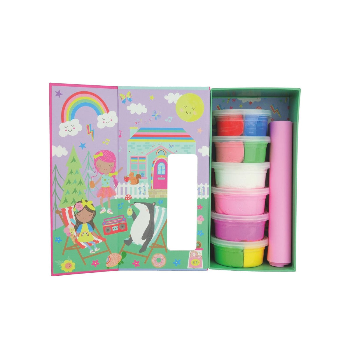 Packaging for &#39;Rainbow Fairy - Clay &amp; Play&#39; art and craft kit featuring various colors of clay and craft materials, with illustrations of fairies and rainbow.
