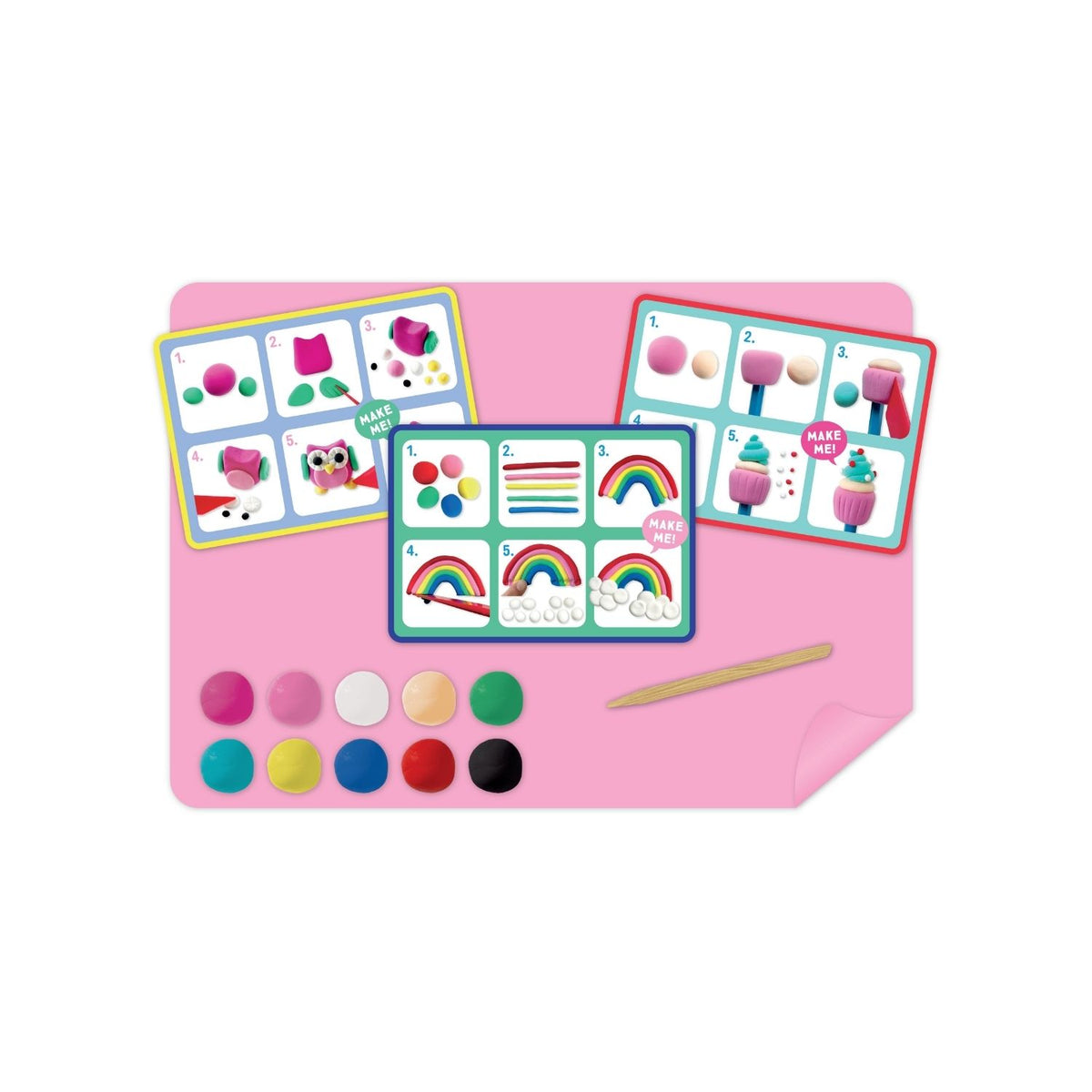 Packaging for &#39;Rainbow Fairy - Clay &amp; Play&#39; art and craft kit featuring various colors of clay and craft materials, with illustrations of fairies and rainbow.