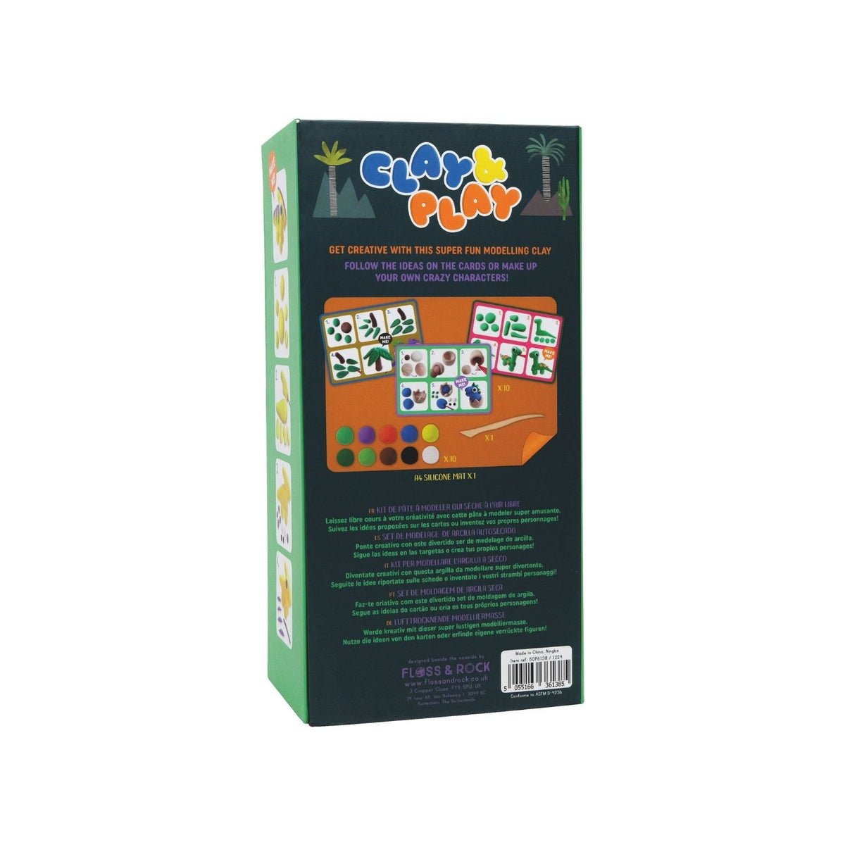 Packaging for &#39;Clay &amp; Play&#39; dinosaur craft kit, featuring colorful clay pots and dinosaur shapes, with a wooden stylus tool and a silicone mat depicted.