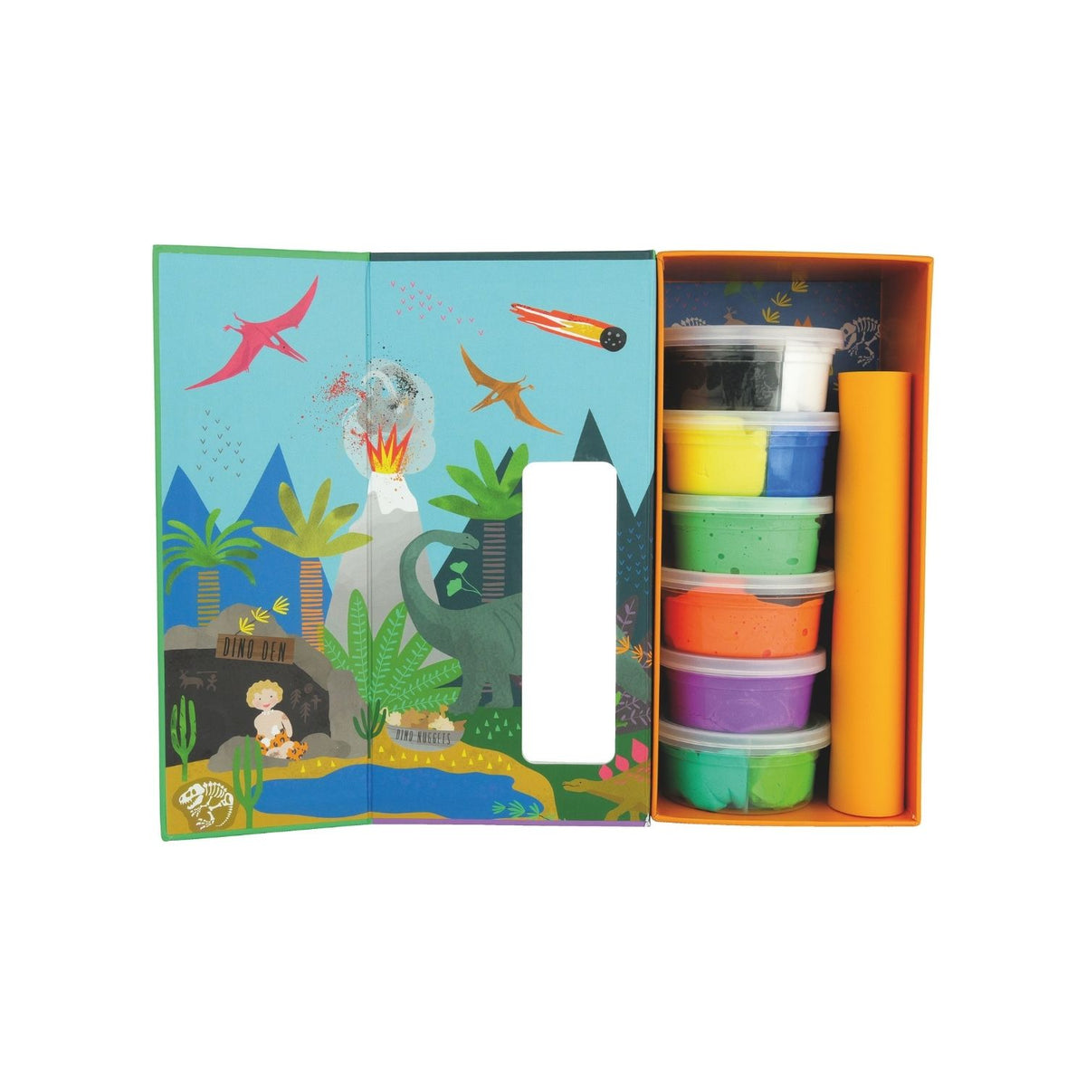 Packaging for &#39;Clay &amp; Play&#39; dinosaur craft kit, featuring colorful clay pots and dinosaur shapes, with a wooden stylus tool and a silicone mat depicted.