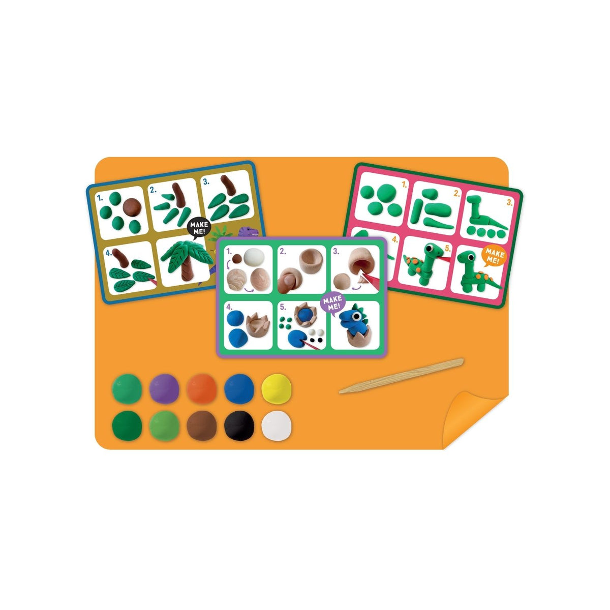 Packaging for &#39;Clay &amp; Play&#39; dinosaur craft kit, featuring colorful clay pots and dinosaur shapes, with a wooden stylus tool and a silicone mat depicted.