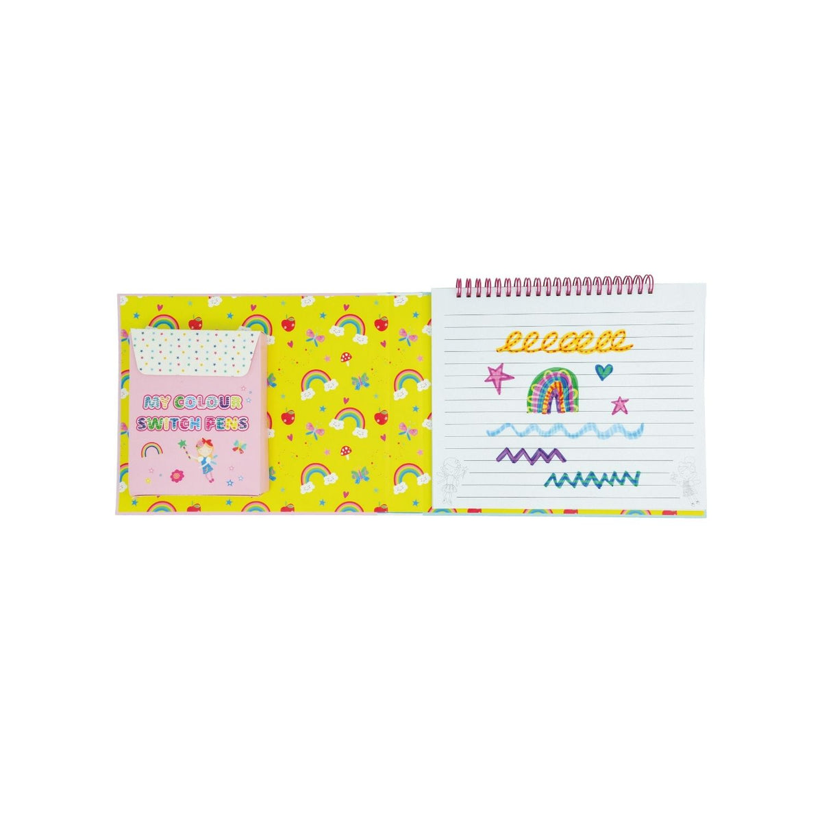 A colorful art and craft activity book titled &#39;Colour Switch Magic&#39; featuring various drawings and designs, with pens and other craft materials included.