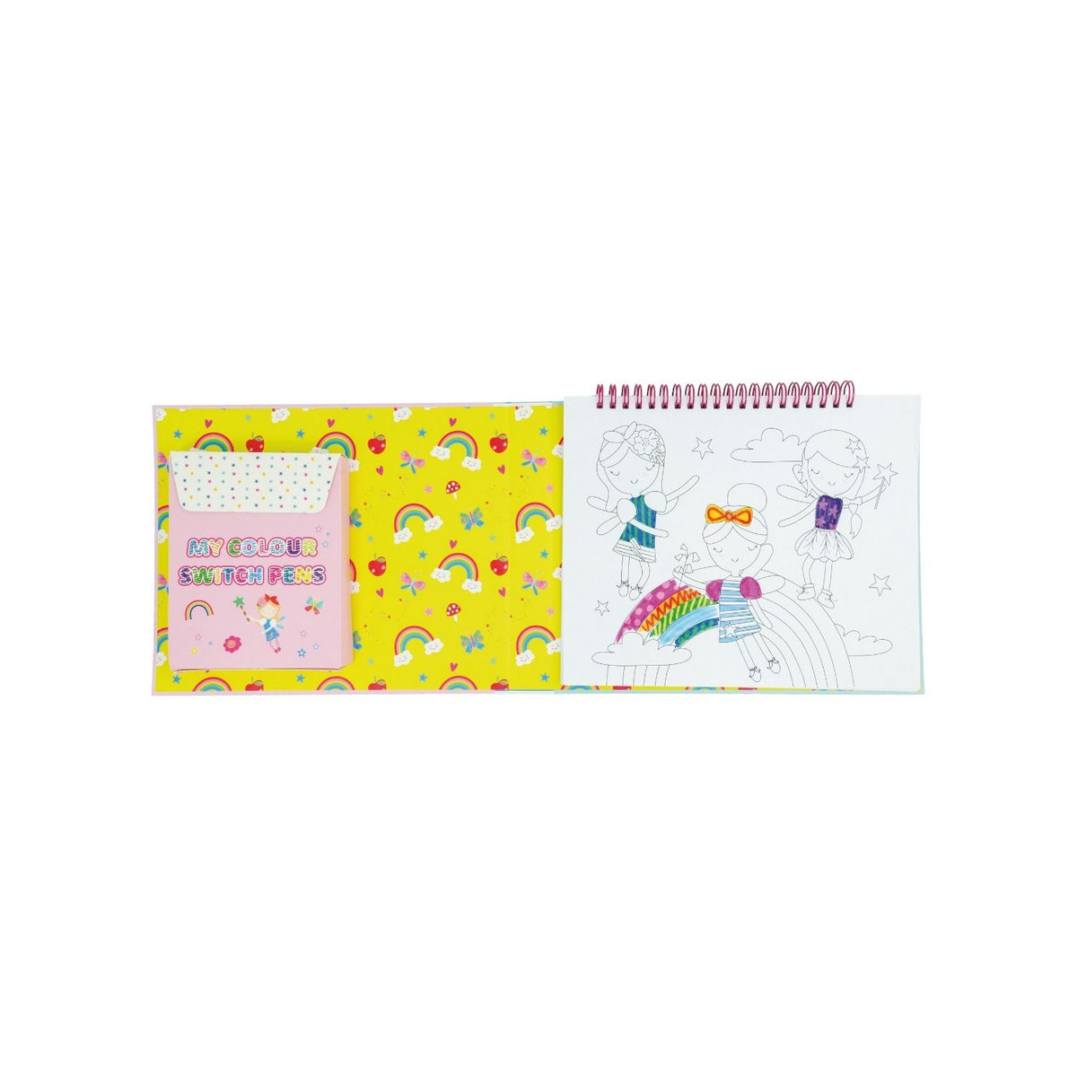 A colorful art and craft activity book titled &#39;Colour Switch Magic&#39; featuring various drawings and designs, with pens and other craft materials included.