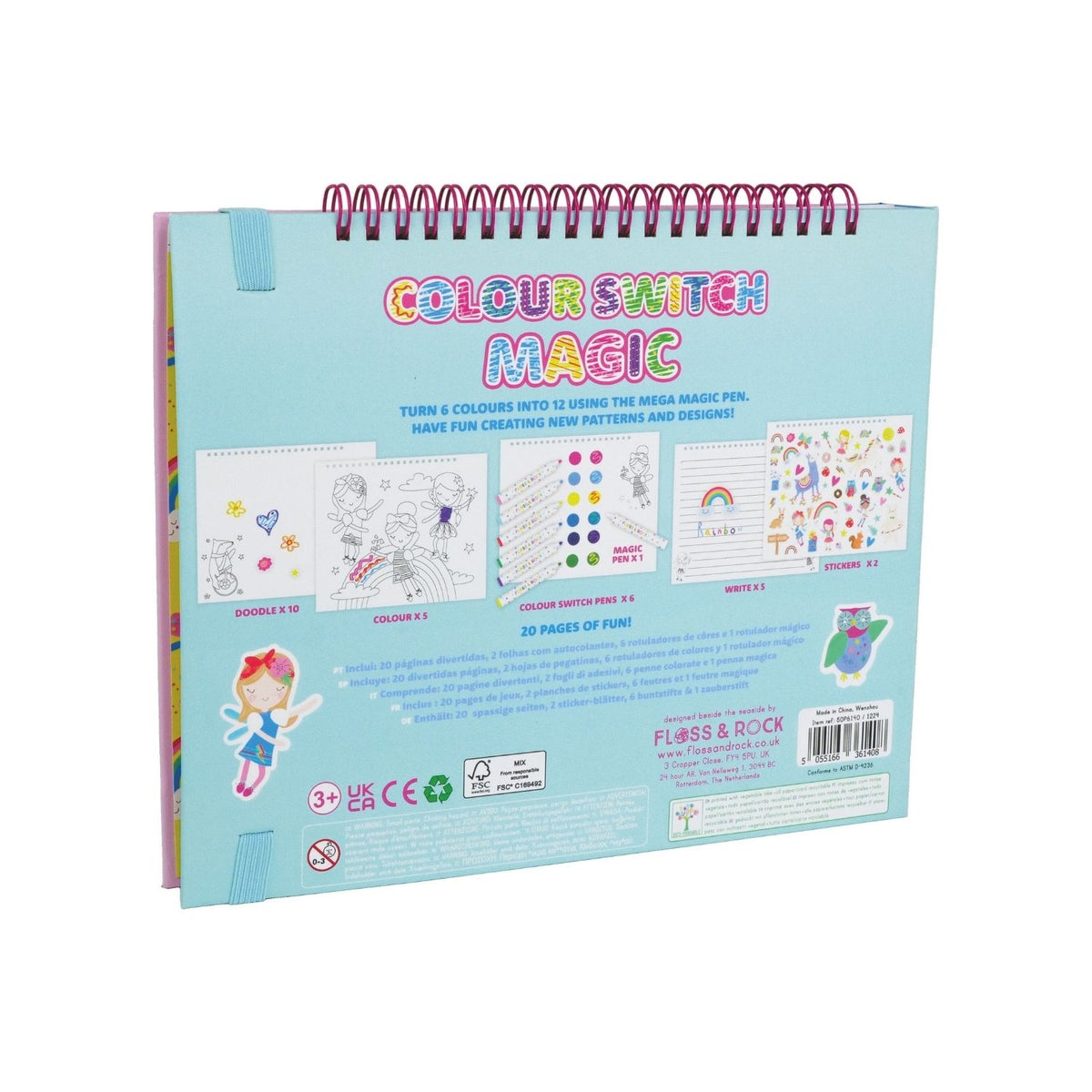 A colorful art and craft activity book titled &#39;Colour Switch Magic&#39; featuring various drawings and designs, with pens and other craft materials included.