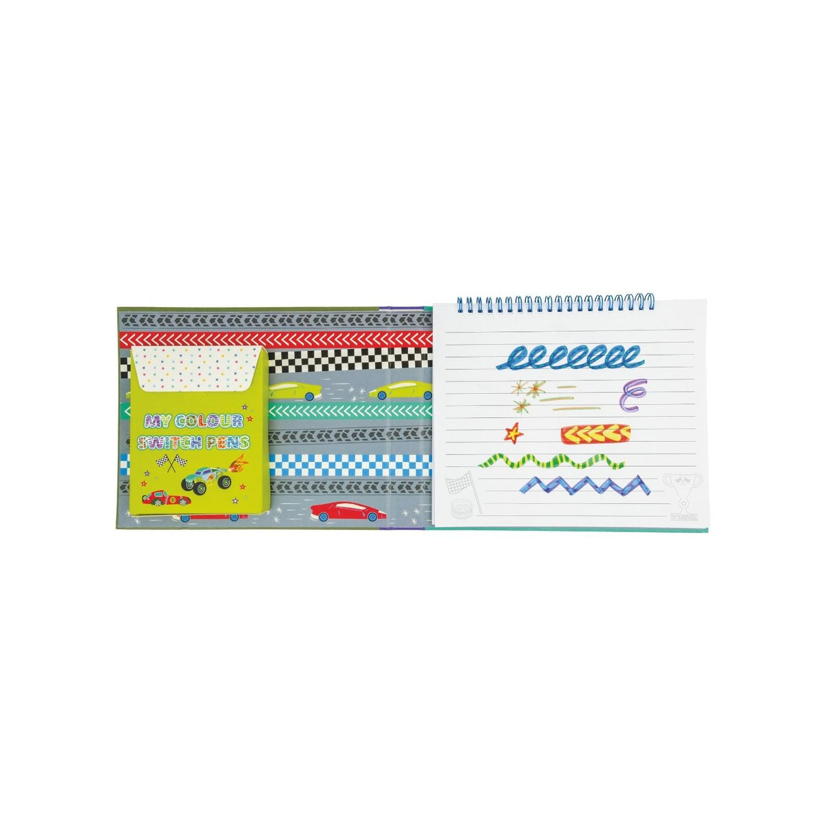 A colorful package containing art supplies including a magic white pen, colored pens, doodle pages, color-in pages, lined pages, and sticker pages, themed around cars.
