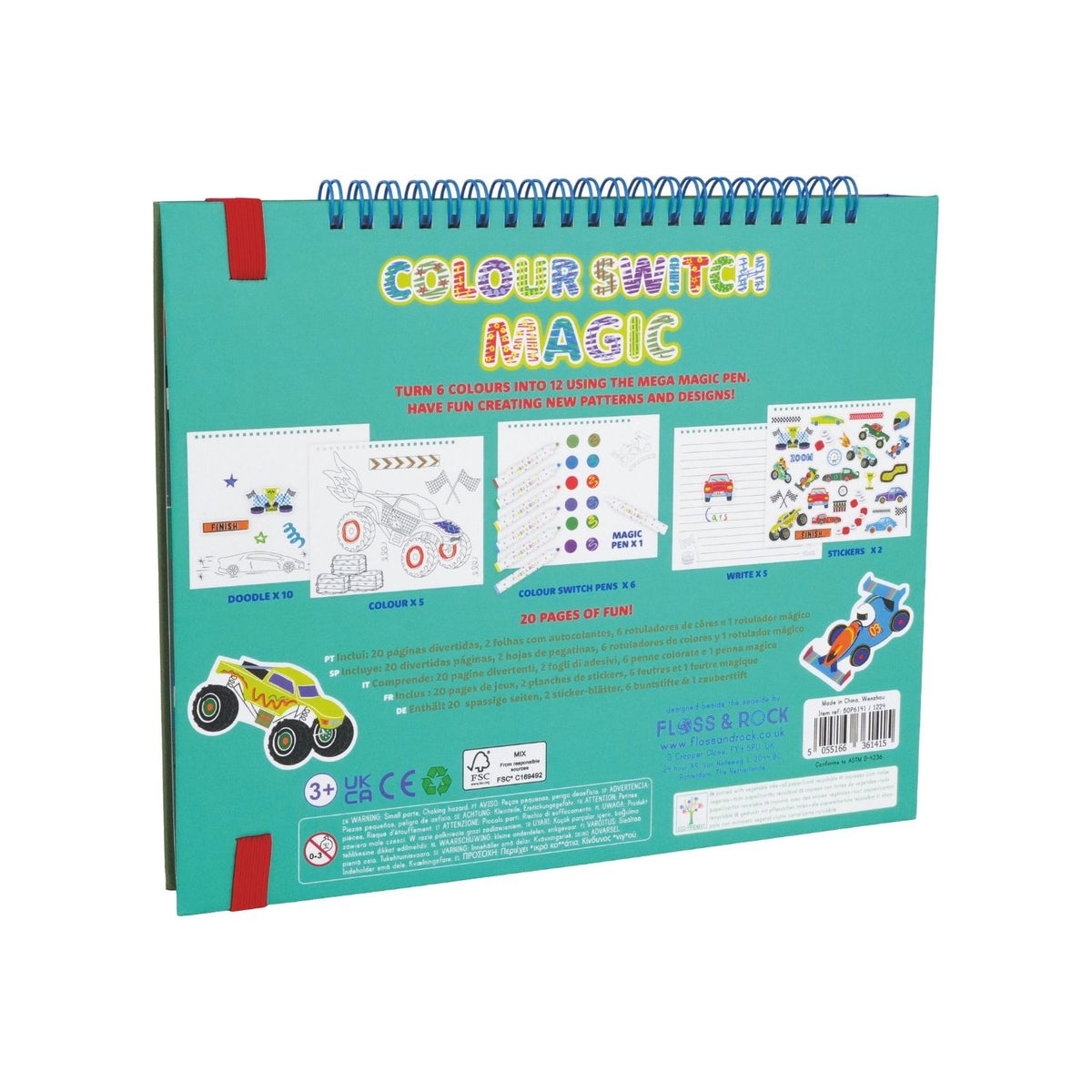A colorful package containing art supplies including a magic white pen, colored pens, doodle pages, color-in pages, lined pages, and sticker pages, themed around cars.