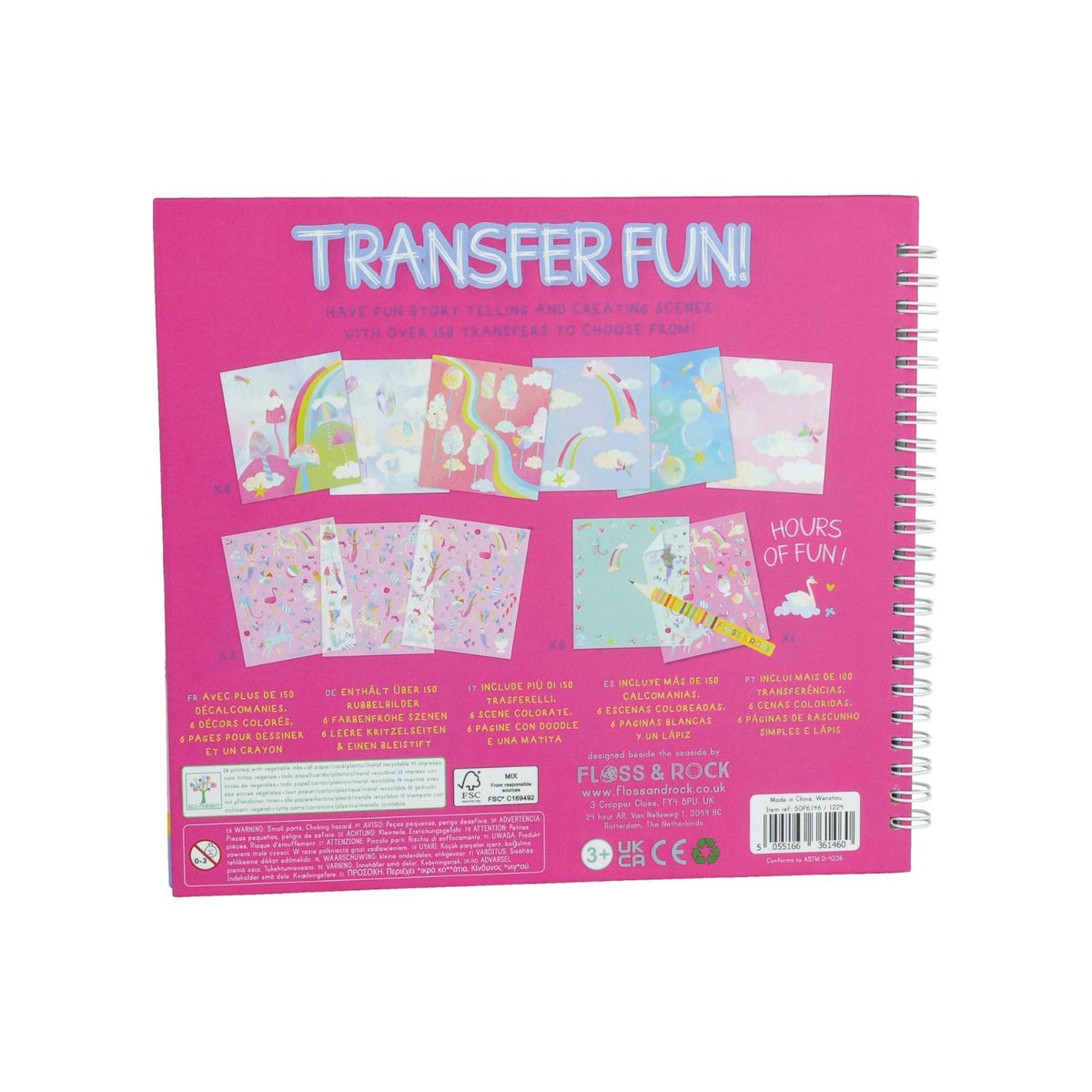 A spiral-bound book titled &#39;TRANSFER FUN&#39; with colorful illustrations and a pencil included in the binding.
