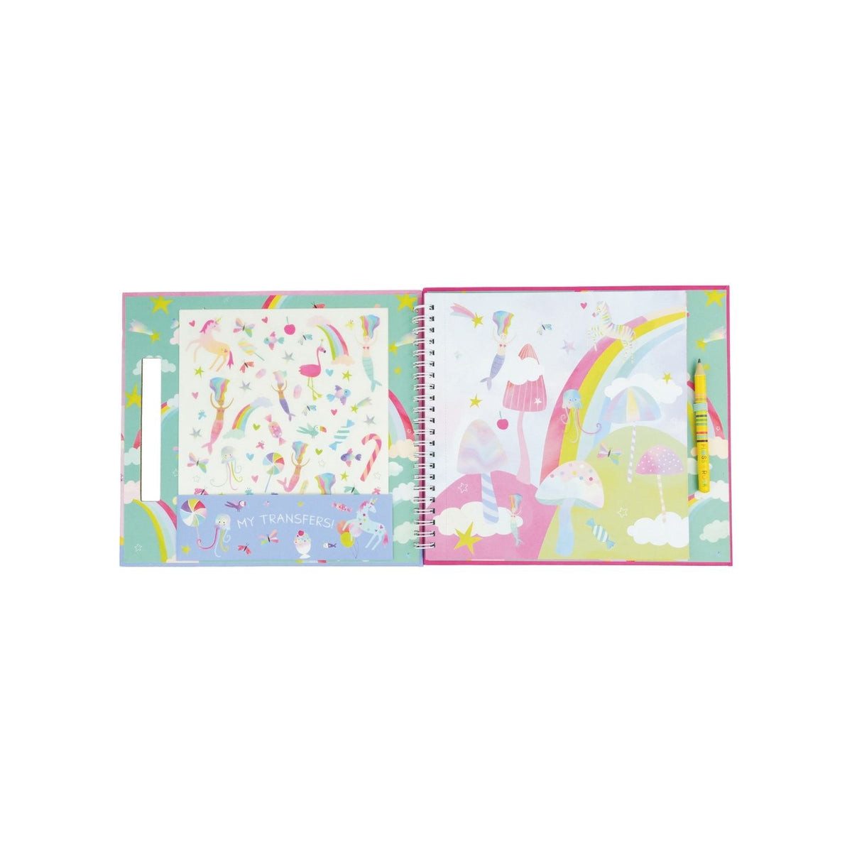 A spiral-bound book titled &#39;TRANSFER FUN&#39; with colorful illustrations and a pencil included in the binding.