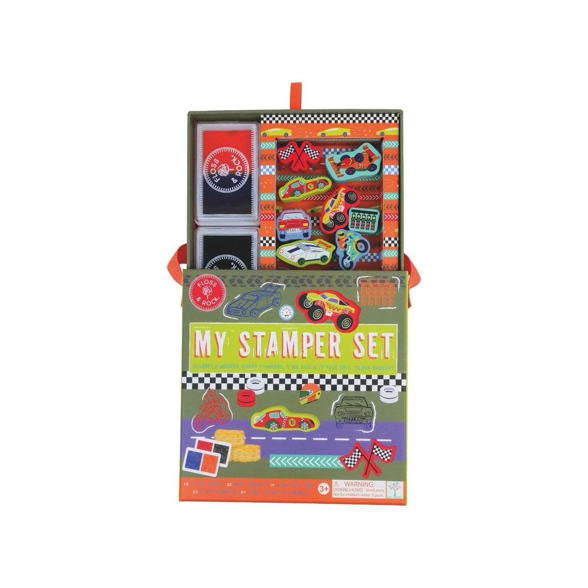 Packaging for &#39;My Stamper Set&#39; showing various colorful stamps and ink pads, designed for children&#39;s arts and crafts.