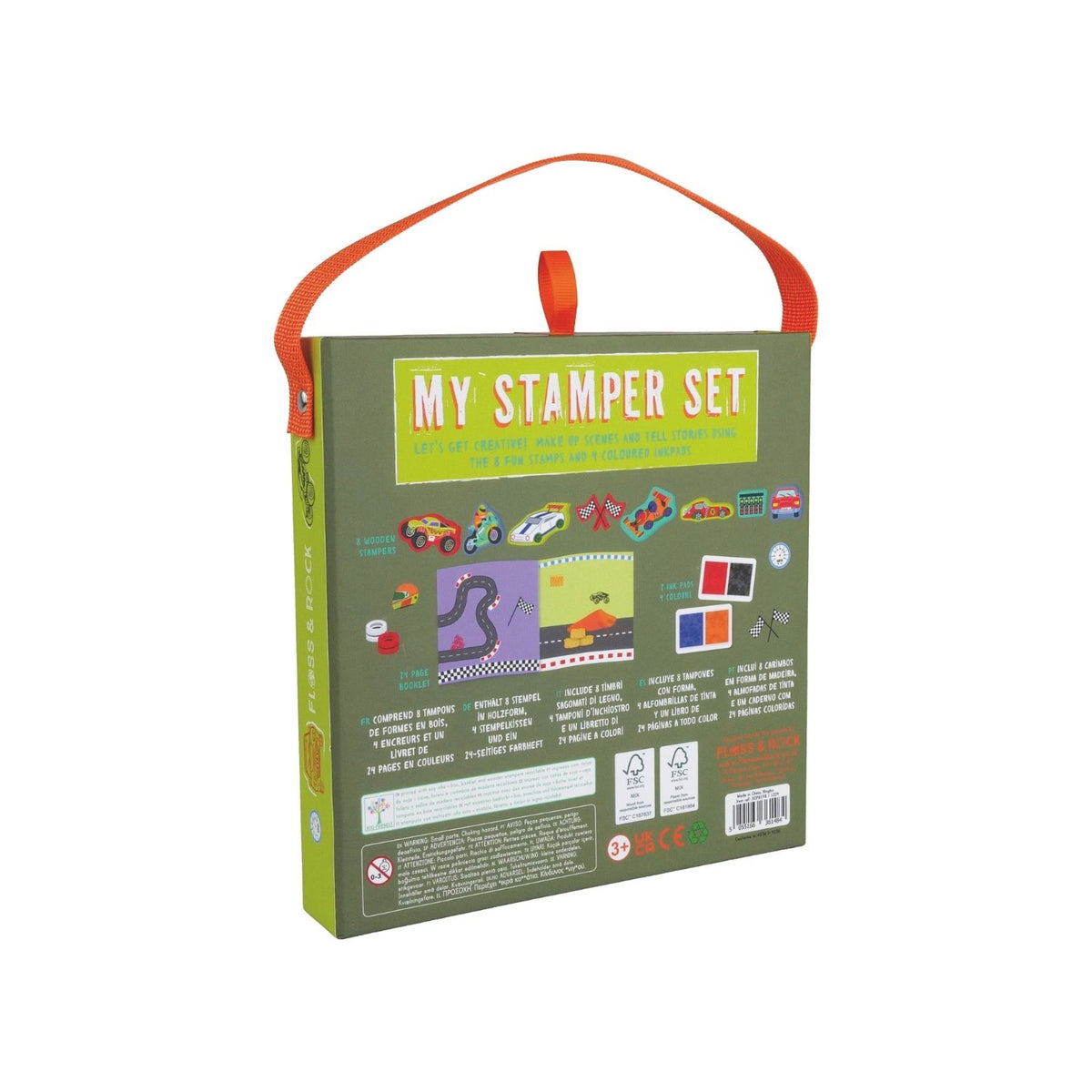 Packaging for &#39;My Stamper Set&#39; showing various colorful stamps and ink pads, designed for children&#39;s arts and crafts. Back Cover