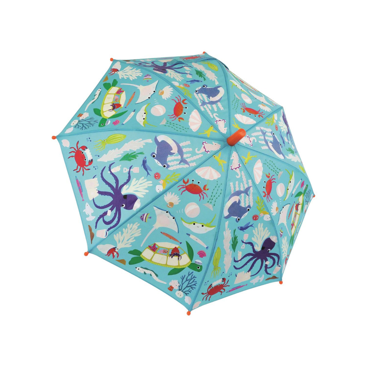 A colour changing umbrella with a pattern of sea creatures including an octopus, turtle, and sharks displayed on a blue background.
