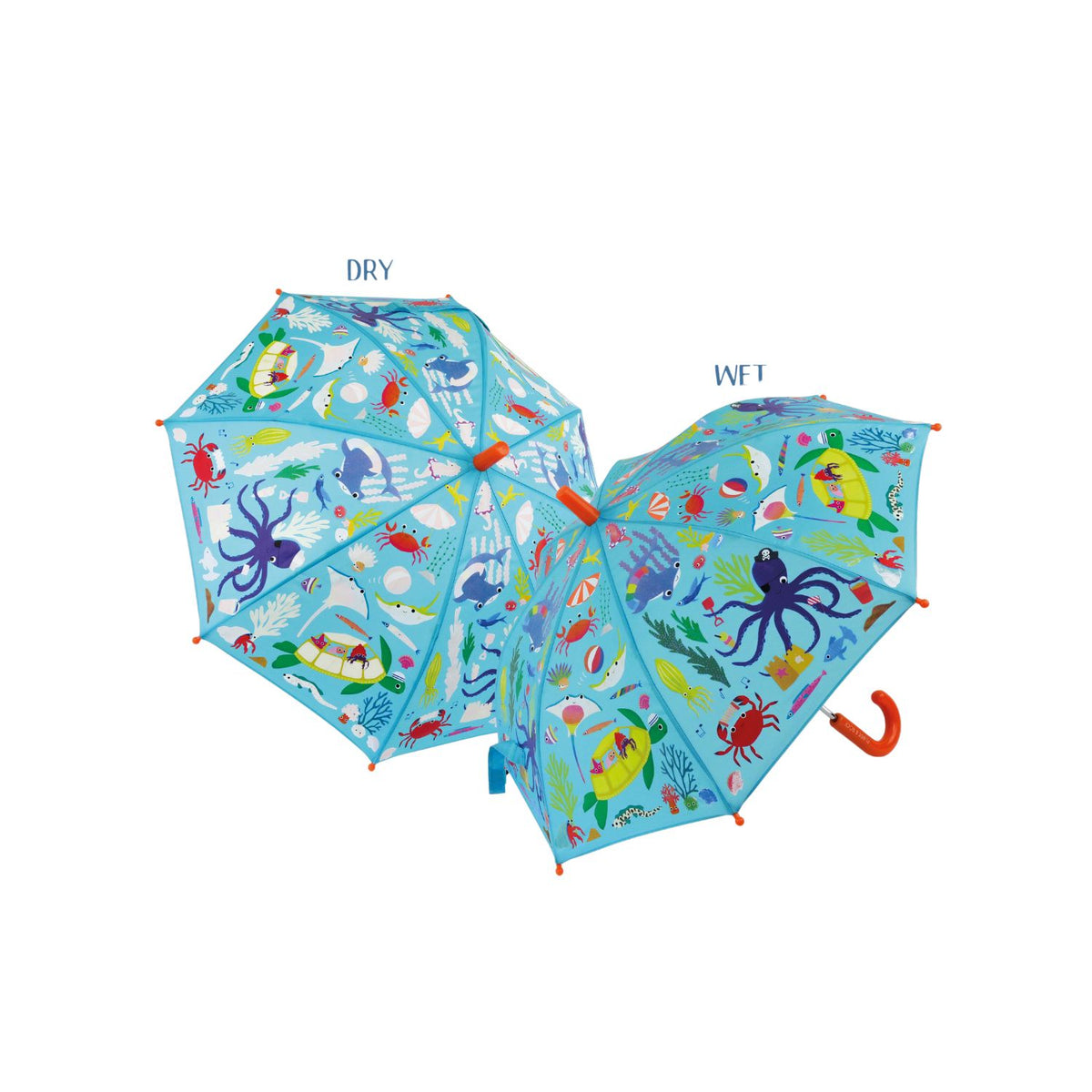 A colour changing umbrella with a pattern of sea creatures including an octopus, turtle, and sharks displayed on a blue background. Showing Wet &amp; Dry versions of the umbrella