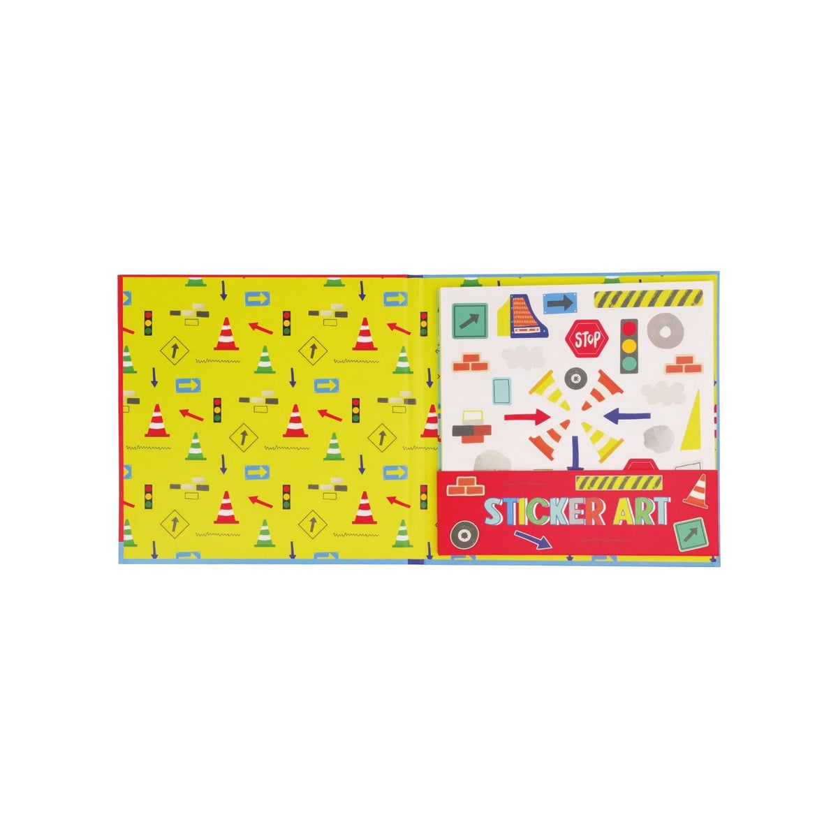 A sticker art book with a construction theme, featuring various colorful illustrations of construction vehicles and characters.