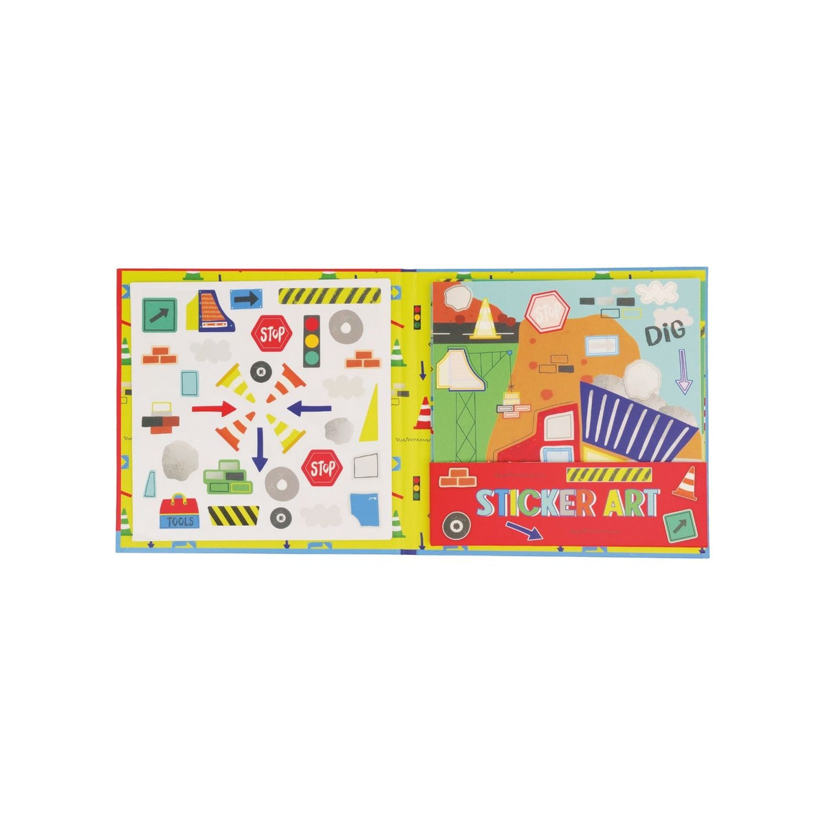 A sticker art book with a construction theme, featuring various colorful illustrations of construction vehicles and characters.