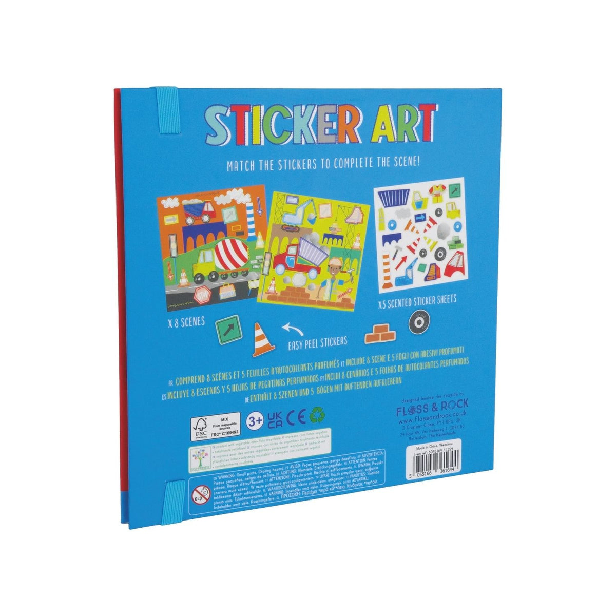 A sticker art book with a construction theme, featuring various colorful illustrations of construction vehicles and characters.