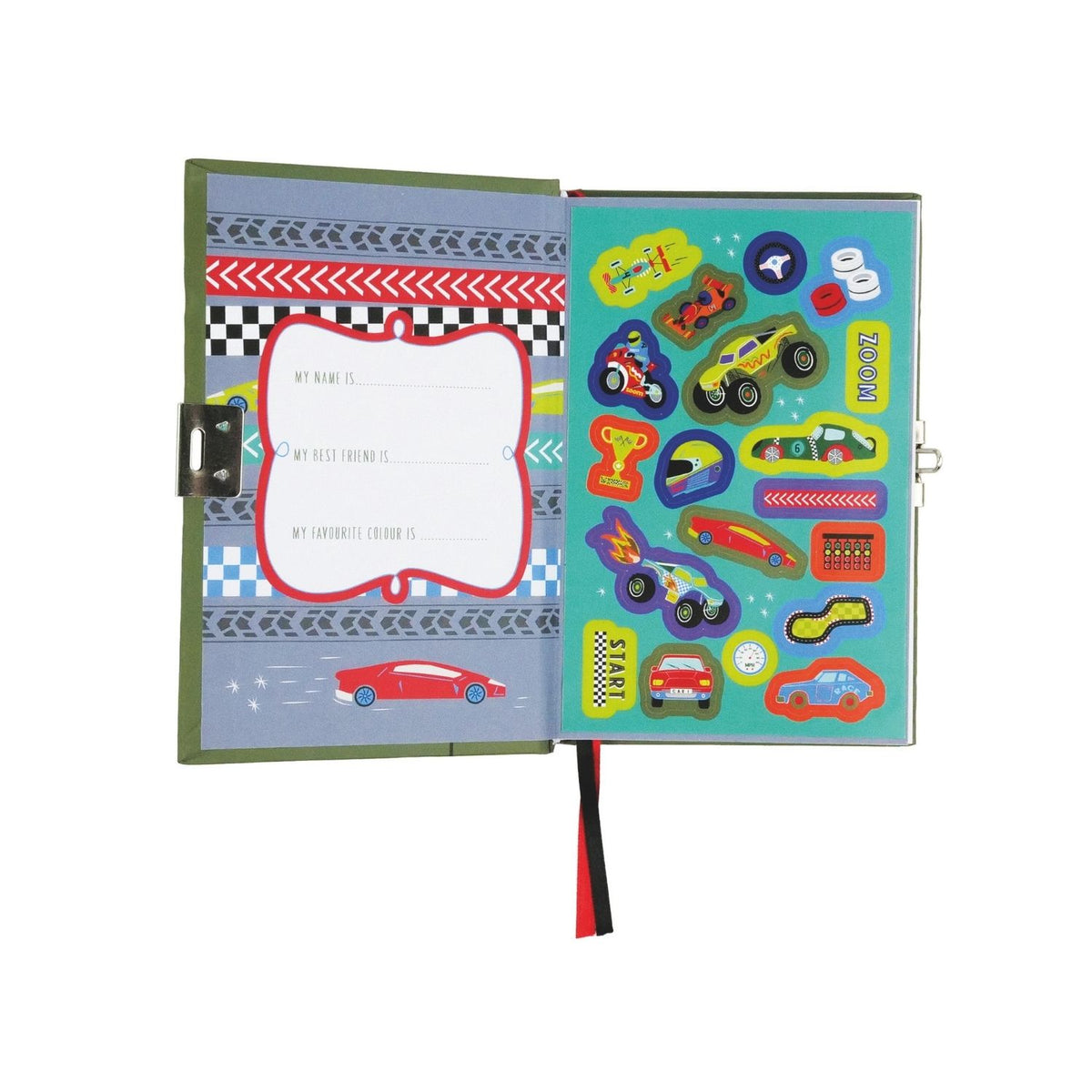 A colorful children&#39;s diary titled &#39;MY SECRET DIARY&#39; with a car theme, including illustrations of racing cars, a padlock, and a sticker sheet. The diary smells of chocolate and has a scratch &amp; sniff cover.
