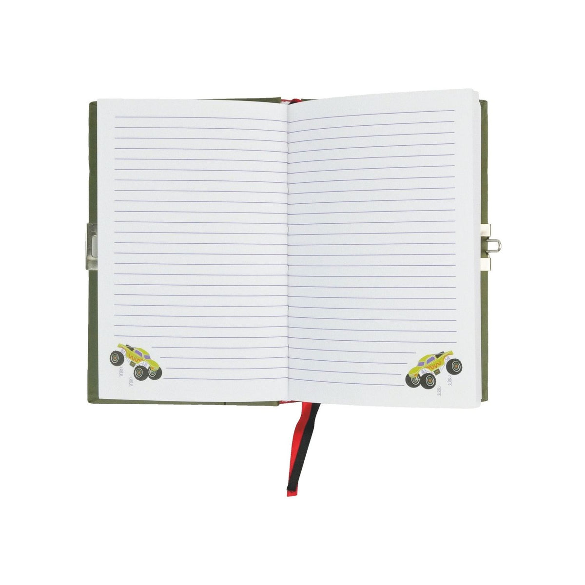 A colorful children&#39;s diary titled &#39;MY SECRET DIARY&#39; with a car theme, including illustrations of racing cars, a padlock, and a sticker sheet. The diary smells of chocolate and has a scratch &amp; sniff cover.