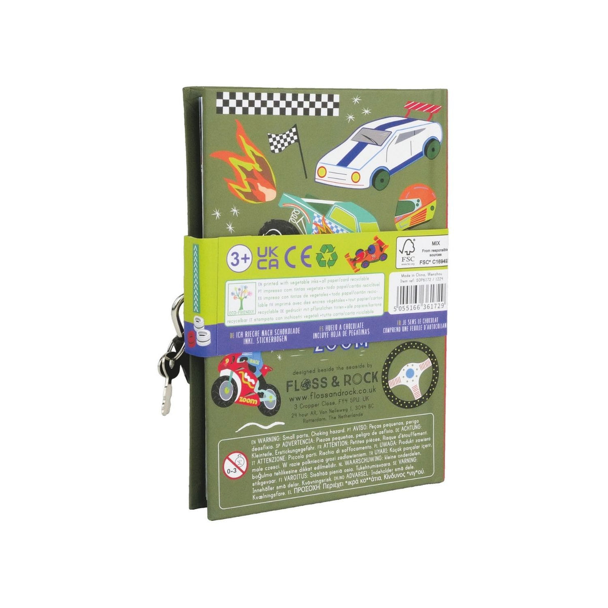 A colorful children&#39;s diary titled &#39;MY SECRET DIARY&#39; with a car theme, including illustrations of racing cars, a padlock, and a sticker sheet. The diary smells of chocolate and has a scratch &amp; sniff cover.