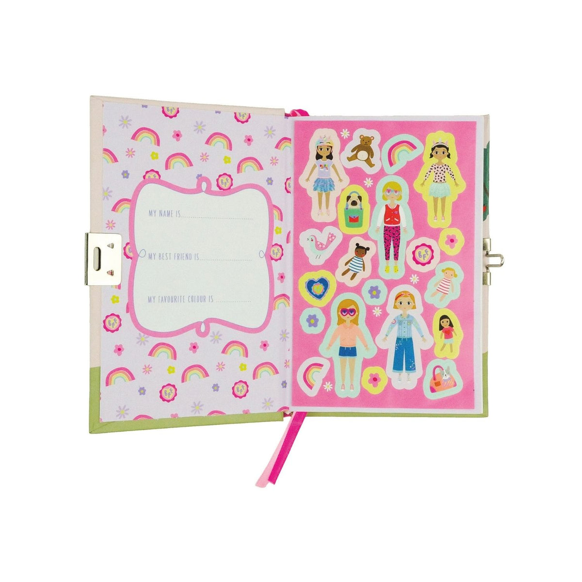 A colorful children&#39;s diary titled &#39;My Scented Secret Diary&#39; with illustrations of dolls and a scratch and sniff cover, accompanied by a padlock and key, and a sticker sheet.