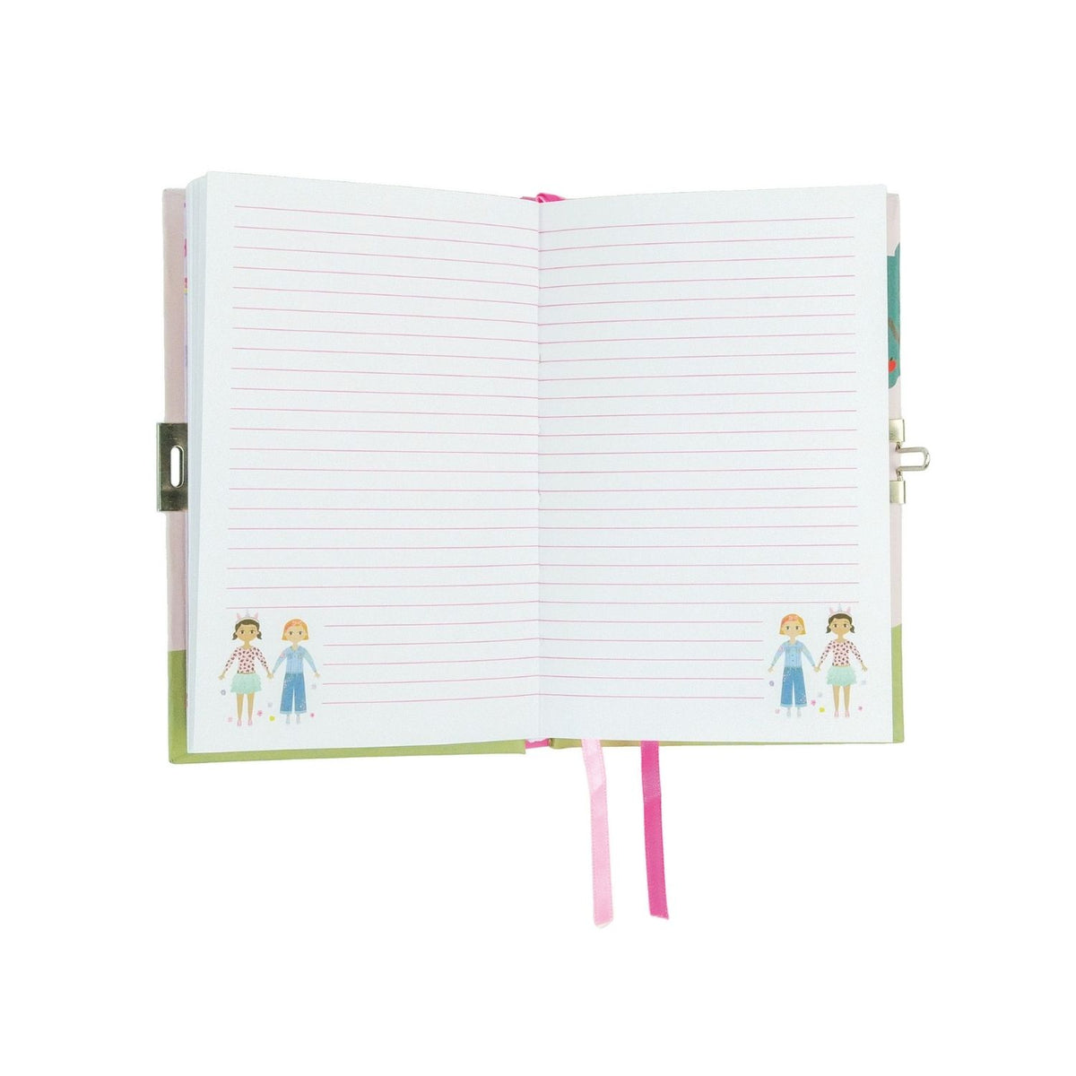 Inside the colorful children&#39;s diary titled &#39;My Scented Secret Diary&#39; with illustrations of dolls and a scratch and sniff cover, accompanied by a padlock and key, and a sticker sheet.