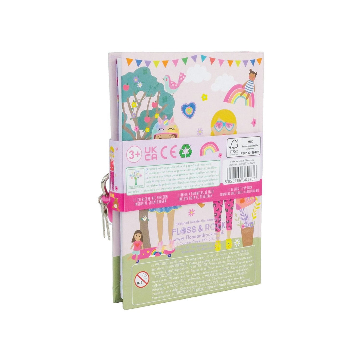 A colorful children&#39;s diary titled &#39;My Scented Secret Diary&#39; with illustrations of dolls and a scratch and sniff cover, accompanied by a padlock and key, and a sticker sheet.